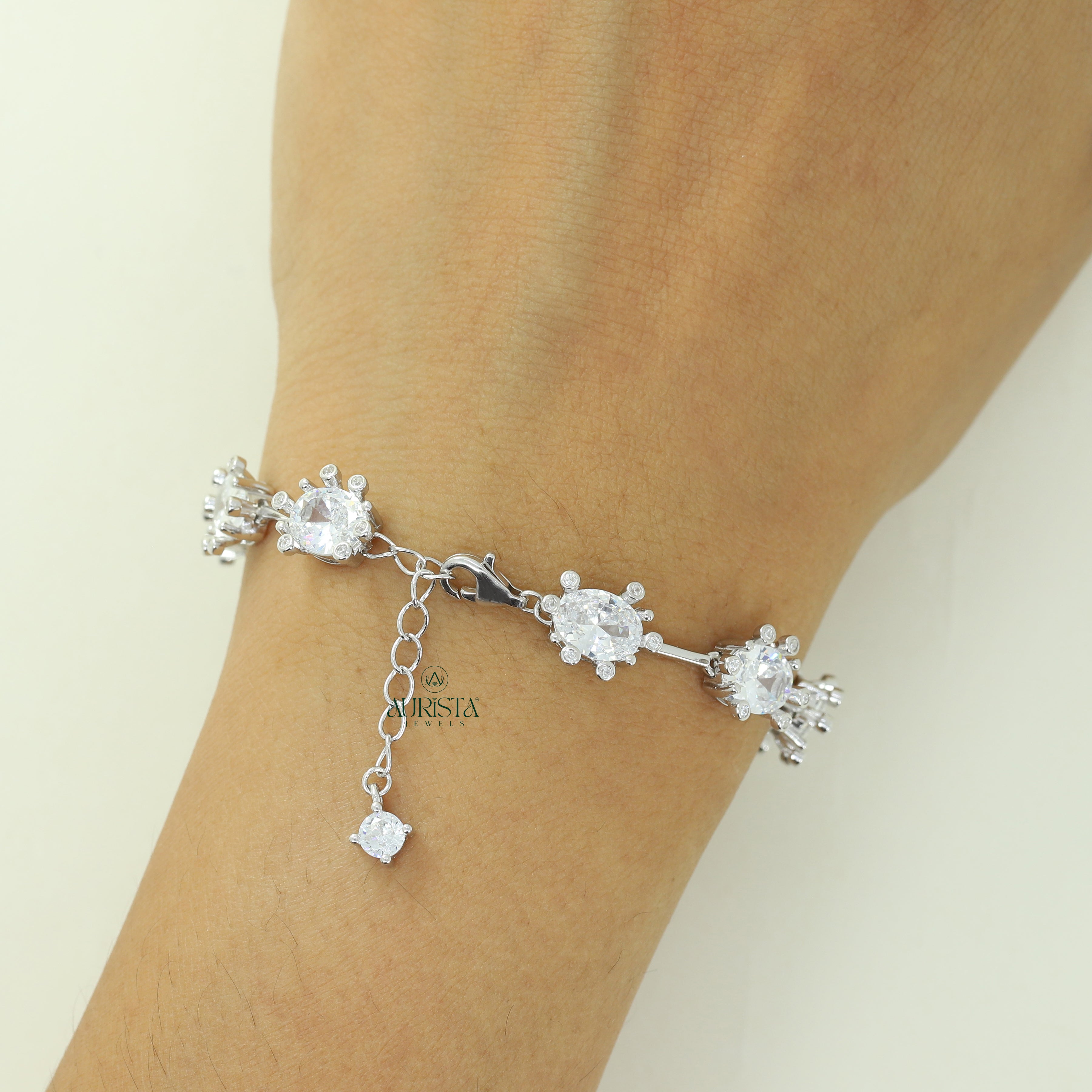 Elegant Moissanite Oval Station Bracelet, Dainty White Stone Link Bracelet