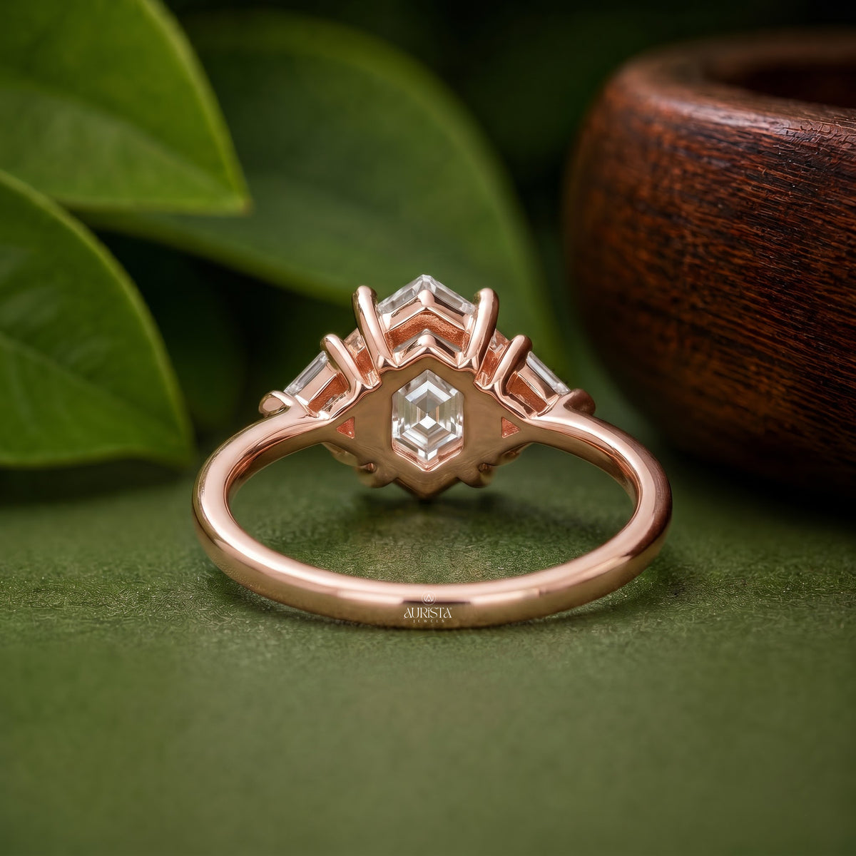 Hexagon Moissanite Diamond Ring, Rose Gold Three Stone Ring With Trillion Side Stones