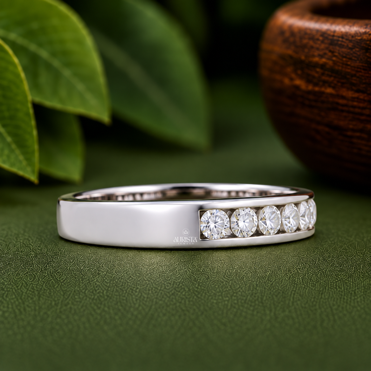 Round Cut Lab Grown Diamond Channel Set Band, Stackable Bridal Jewelry