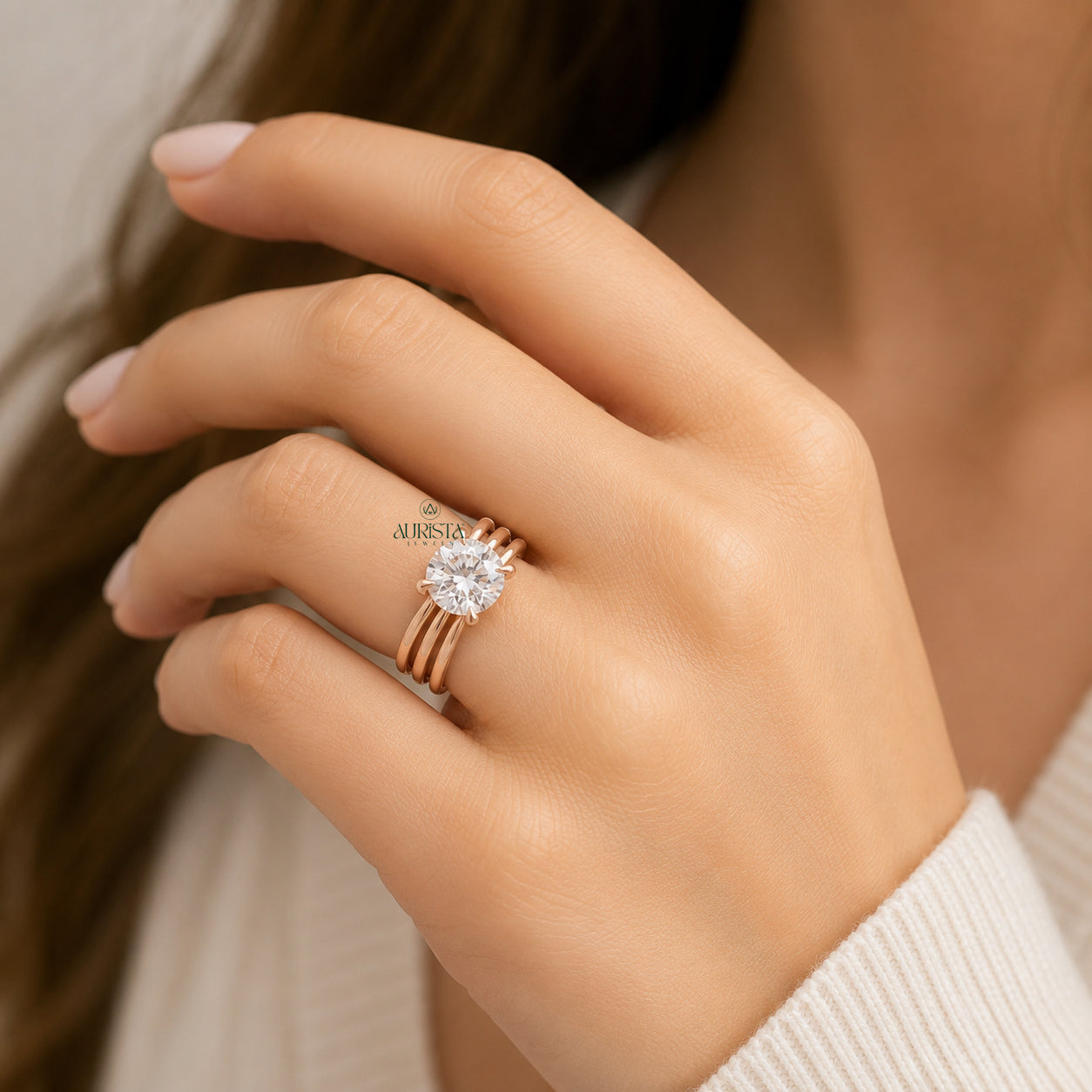 Round Cut Lab Grown Diamond Engagement Ring, Multi-Band Rose Gold Wedding Ring