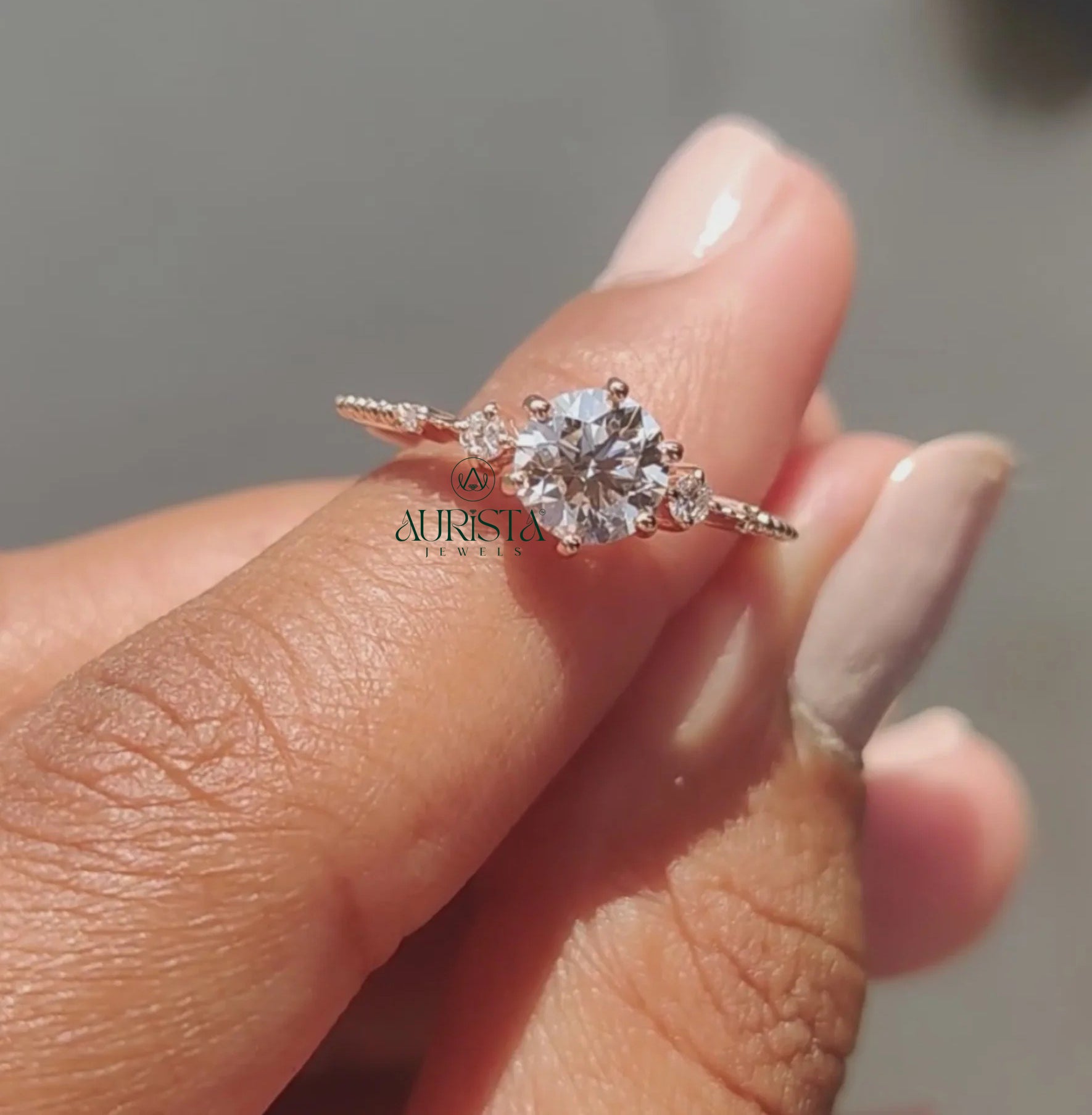 Round Brilliant Diamond Ring with Beaded Band and Round Side Stones