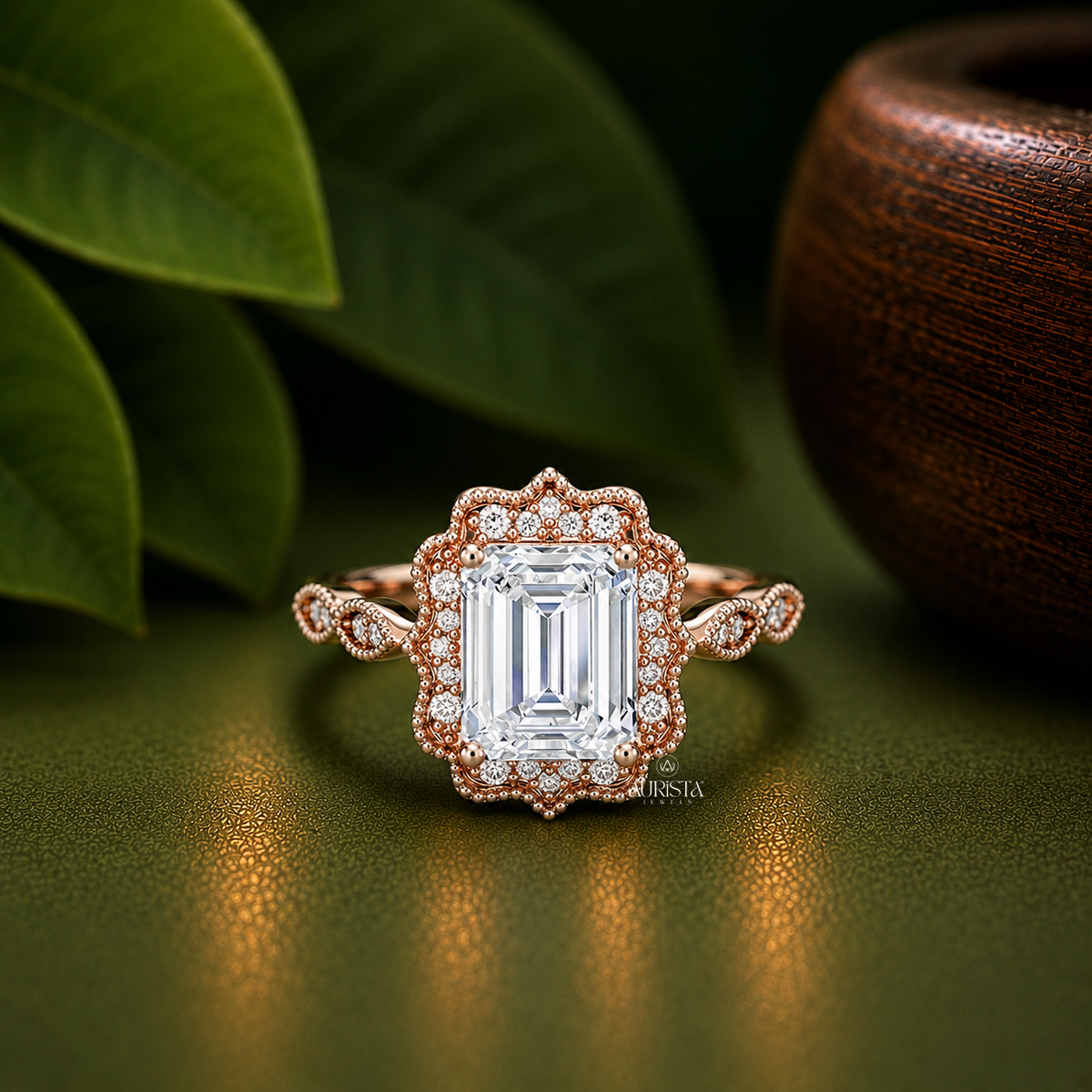 Emerald Lab Grown Diamond Ring, Vintage Milgrain Halo Round Side Stones Rose Gold