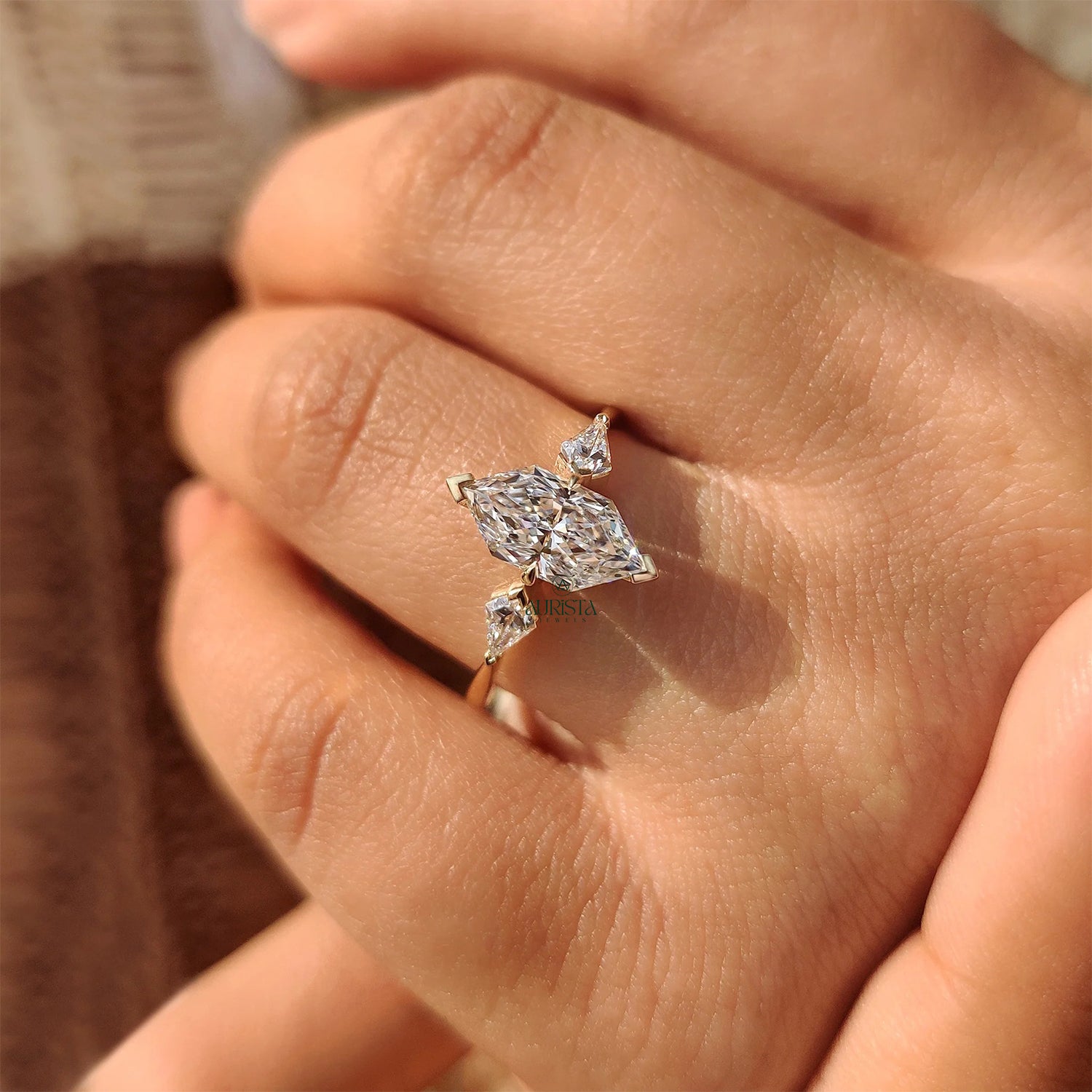 Vintage Marquise Diamond Three Stone with Geometric Kite Side Stones