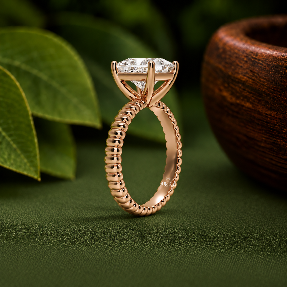 Princess Shape Lab Grown Diamond Ring, Unique Ribbed Dome Rose Gold Solitaire Band