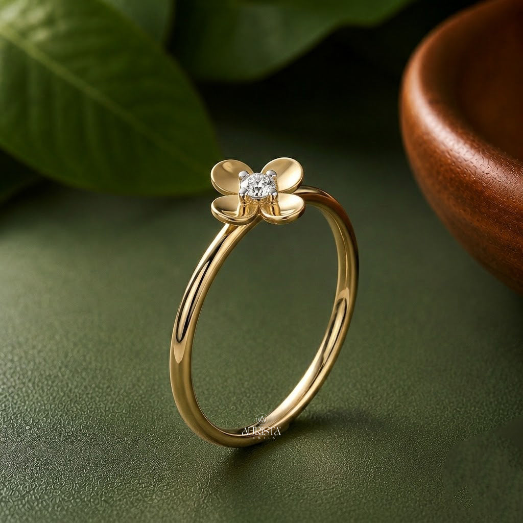 Lab Grown Diamond Gold Flower Ring Dainty Floral Solitaire Stacking Band Chic