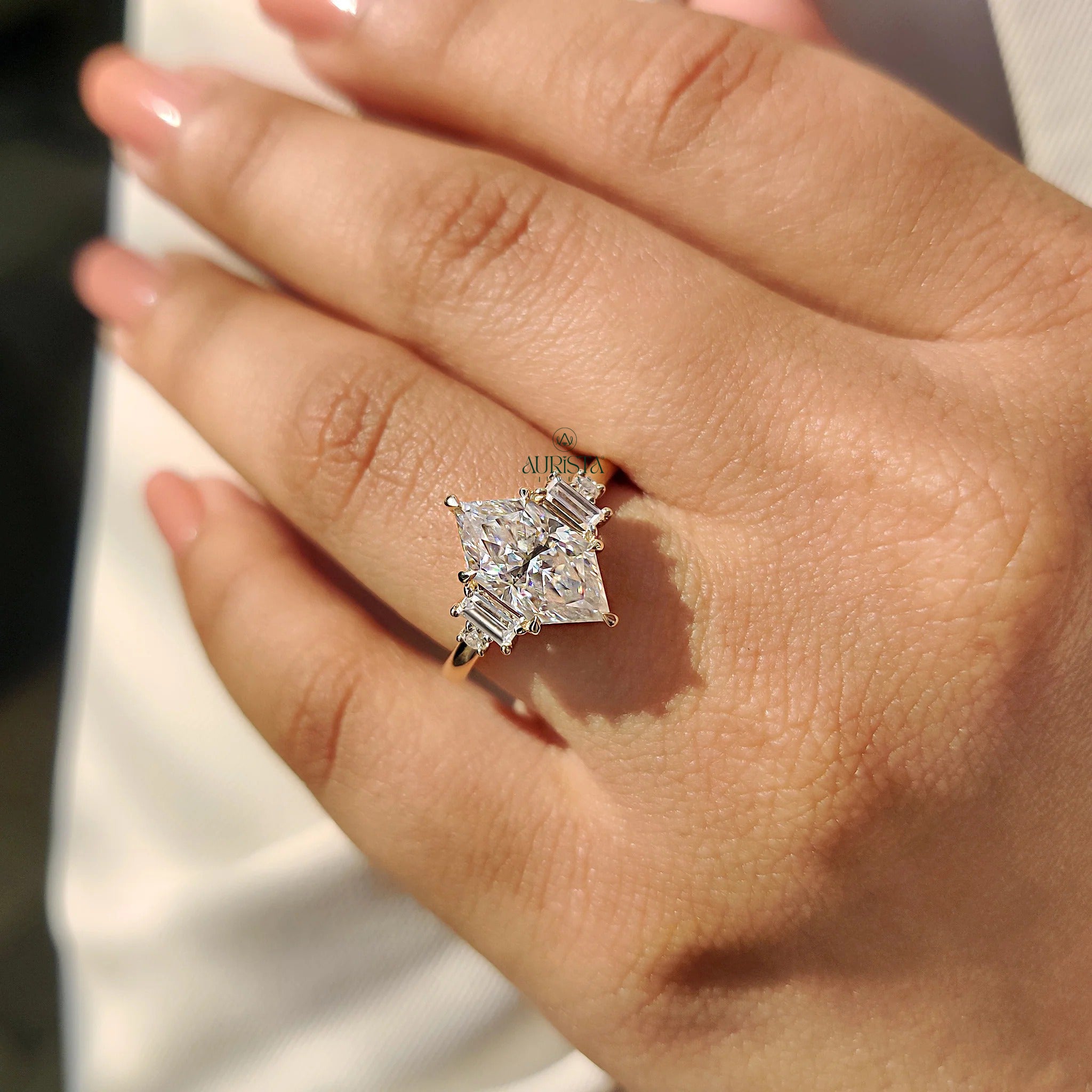 Marquise Moissanite in Diamond Baguette Yellow Gold Art Deco Engagement Ring