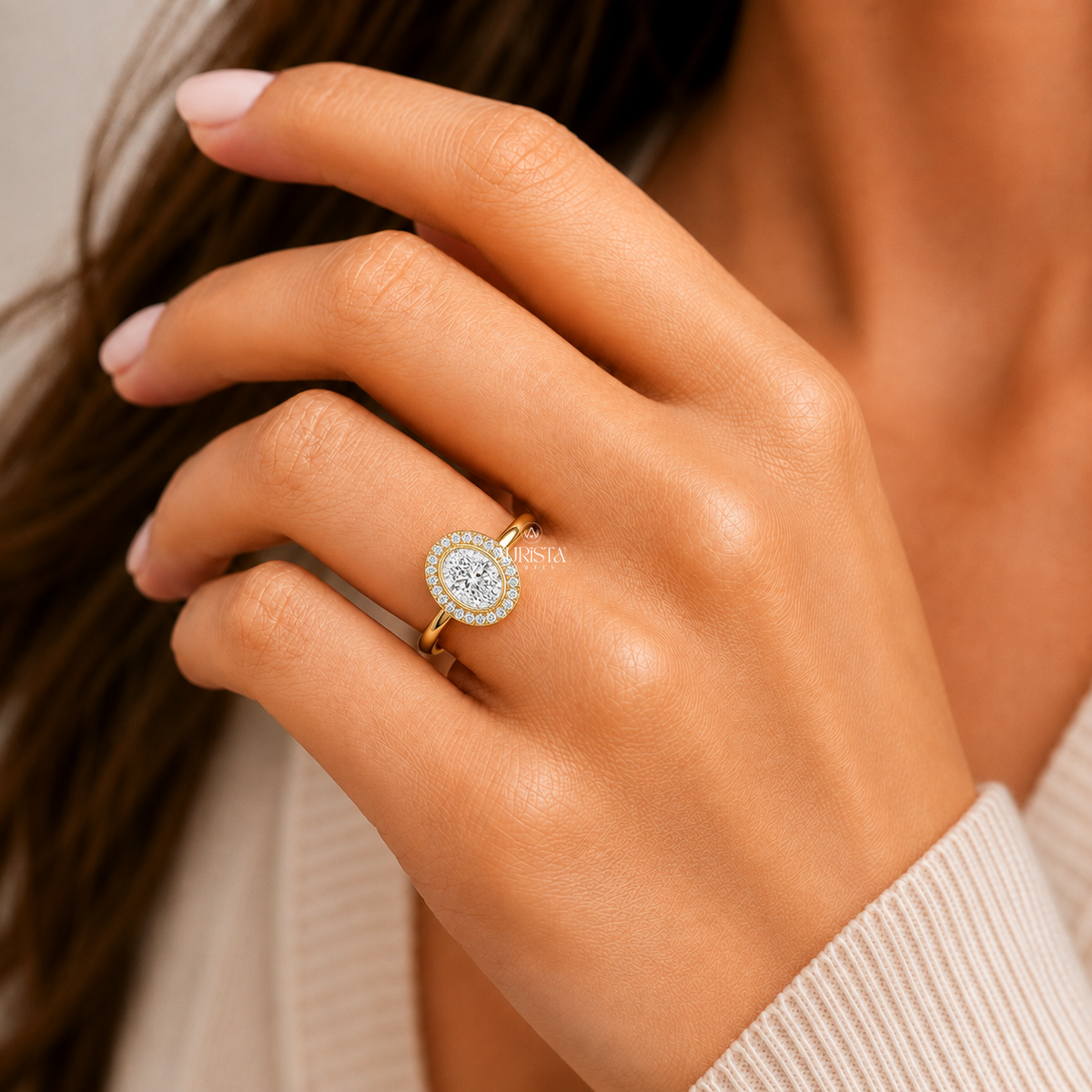 Oval Shape Moissanite Diamond Ring, Bezel Halo Yellow Gold Band, Round Side Stones