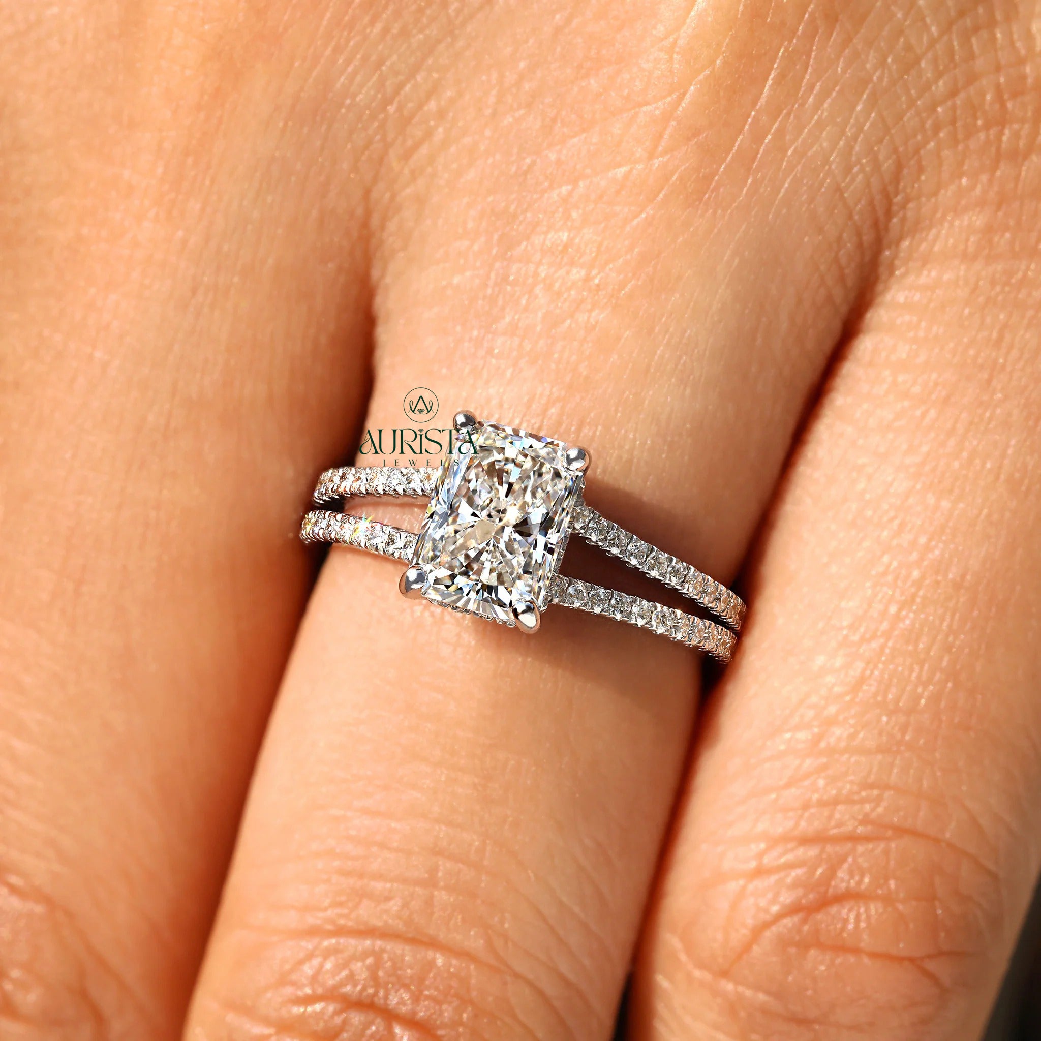 Radiant Cut Hidden Halo Ring with Split Shank Pave Band