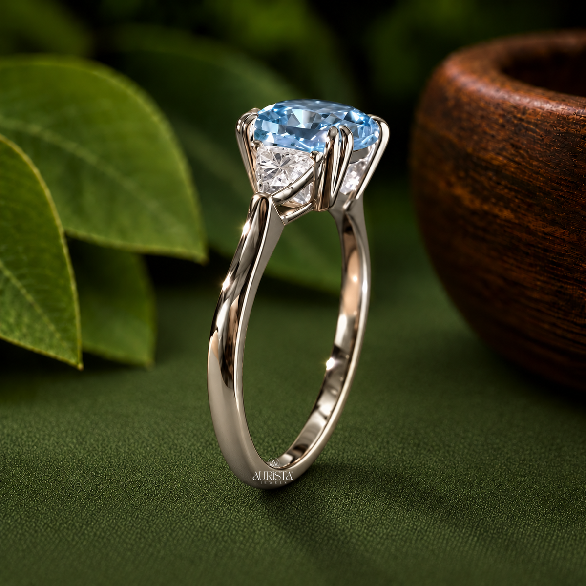 Blue Cushion Three Stone Engagement Ring Color Diamond Lab Grown in Diamond Jewelry