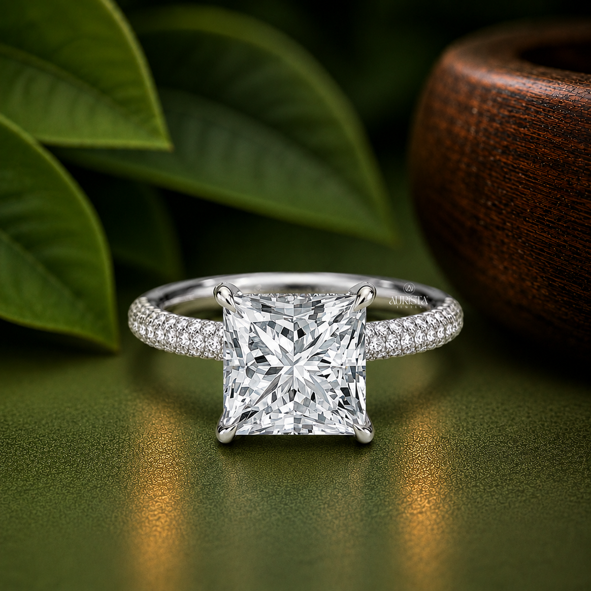 Princess Cut Lab Grown Diamond Hidden Halo Ring, Pave Band Fine Jewelry