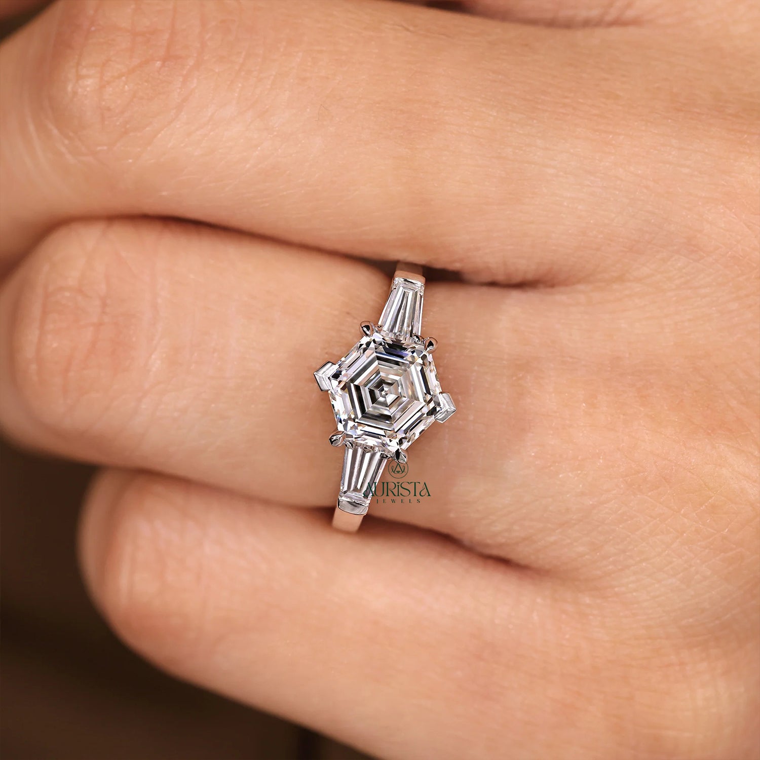 Hexagon Three Stone Ring with Tapered Baguette Side Stones