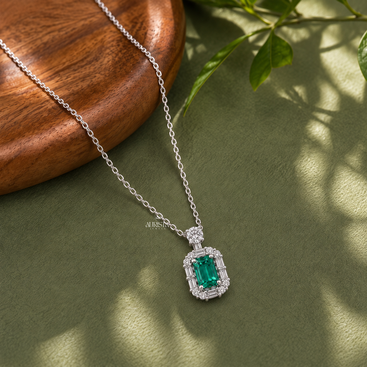 Green Emerald Halo Pendant Necklace Lab Grown in Diamond Fine Jewelry