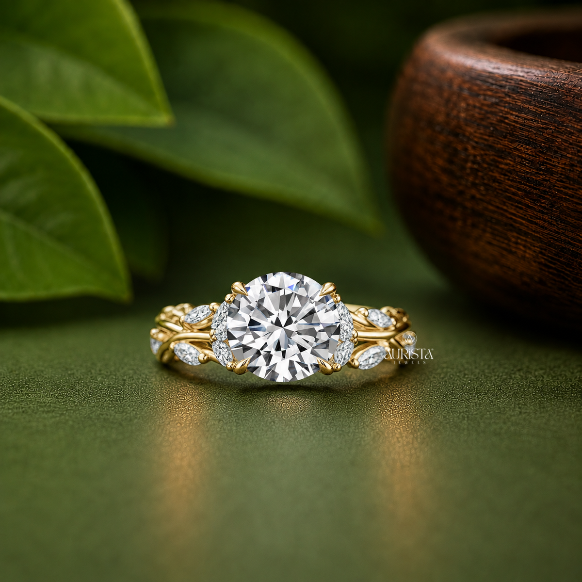 Round Lab Grown Diamond Ring, Nature Inspired Leaf Vine Band, Unique Diamond Ring