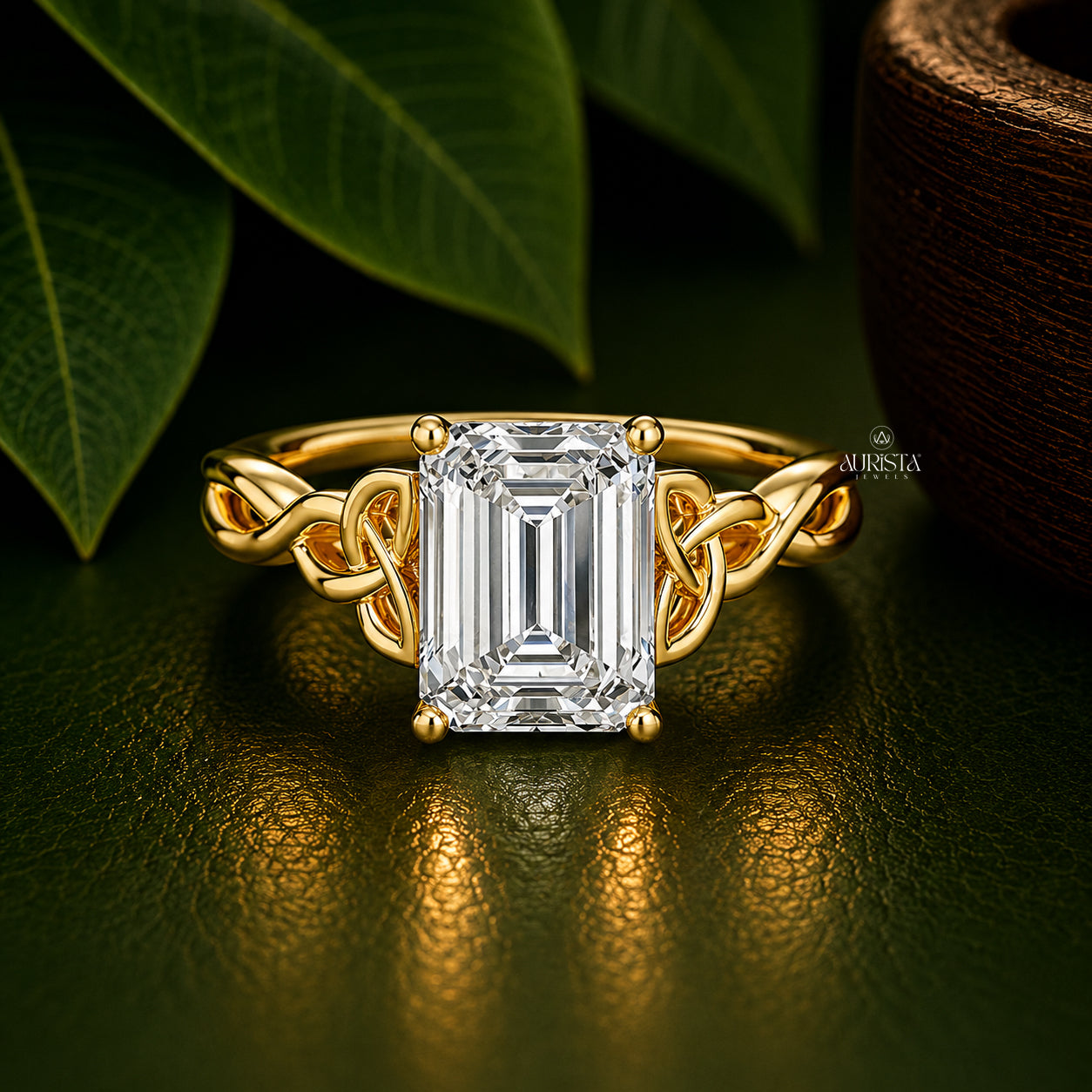 Emerald Cut Lab Grown Diamond Celtic Ring, Twisted Knot Engagement Wedding Band Ring