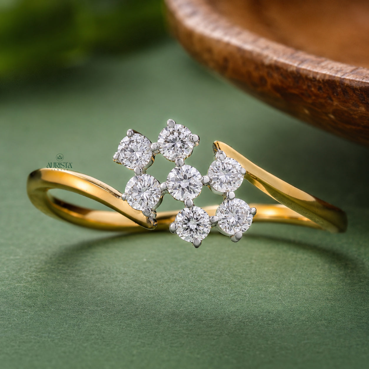 Round Cut Lab Grown Diamond Cluster Ring, Unique Bypass Gold Band, Statement Ring