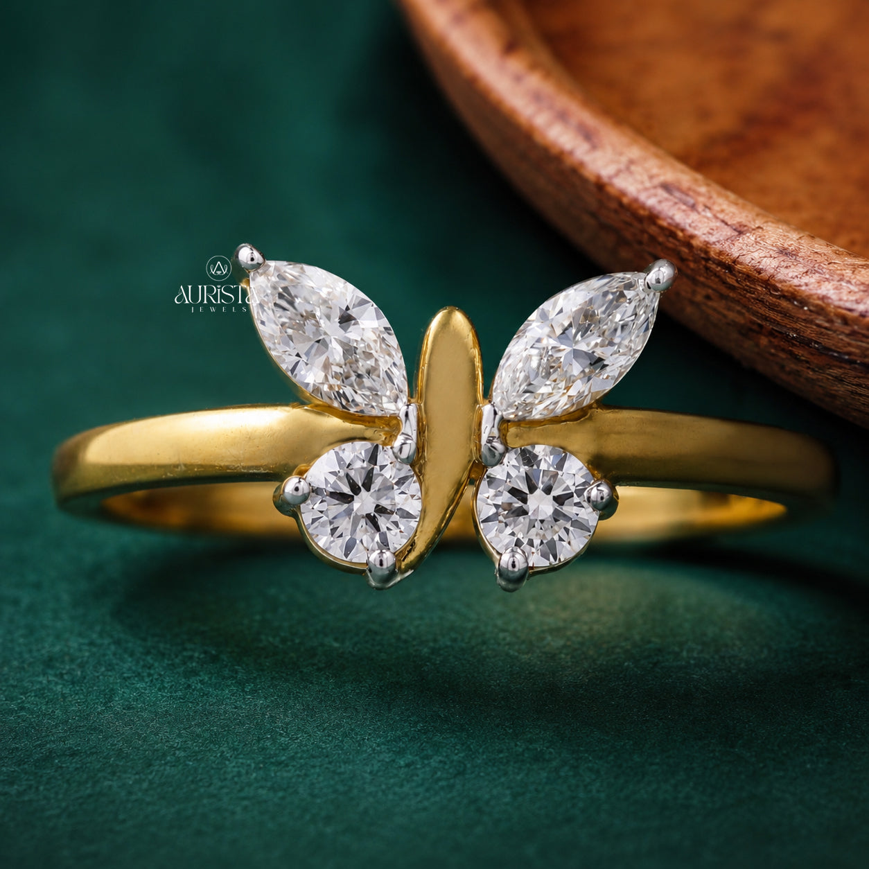 Butterfly Lab Grown Diamond Ring, Marquise & Round Shape Gold Statement Ring