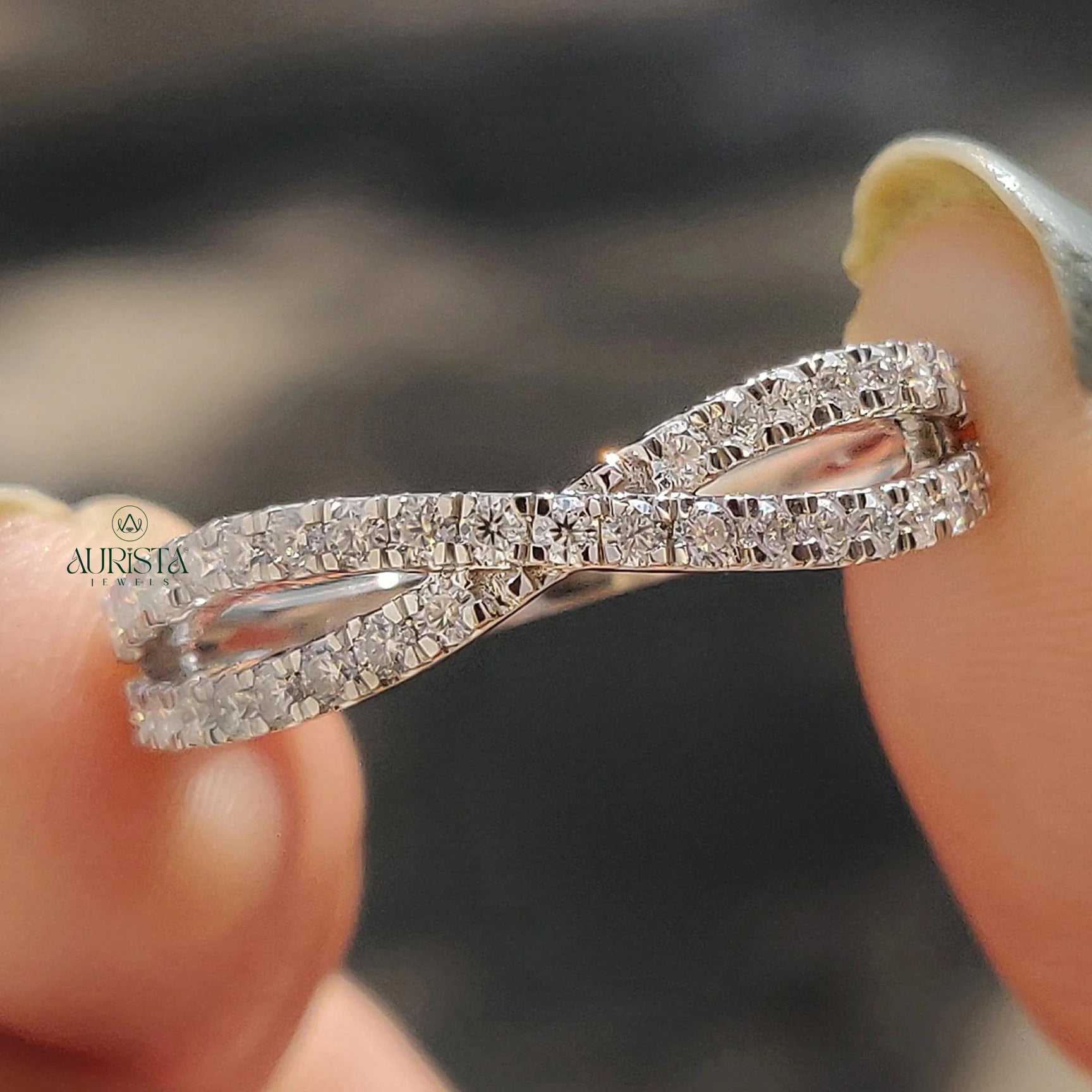 Moissanite and Diamond Crisscross Pave Wedding Band in Polished White Gold Finish