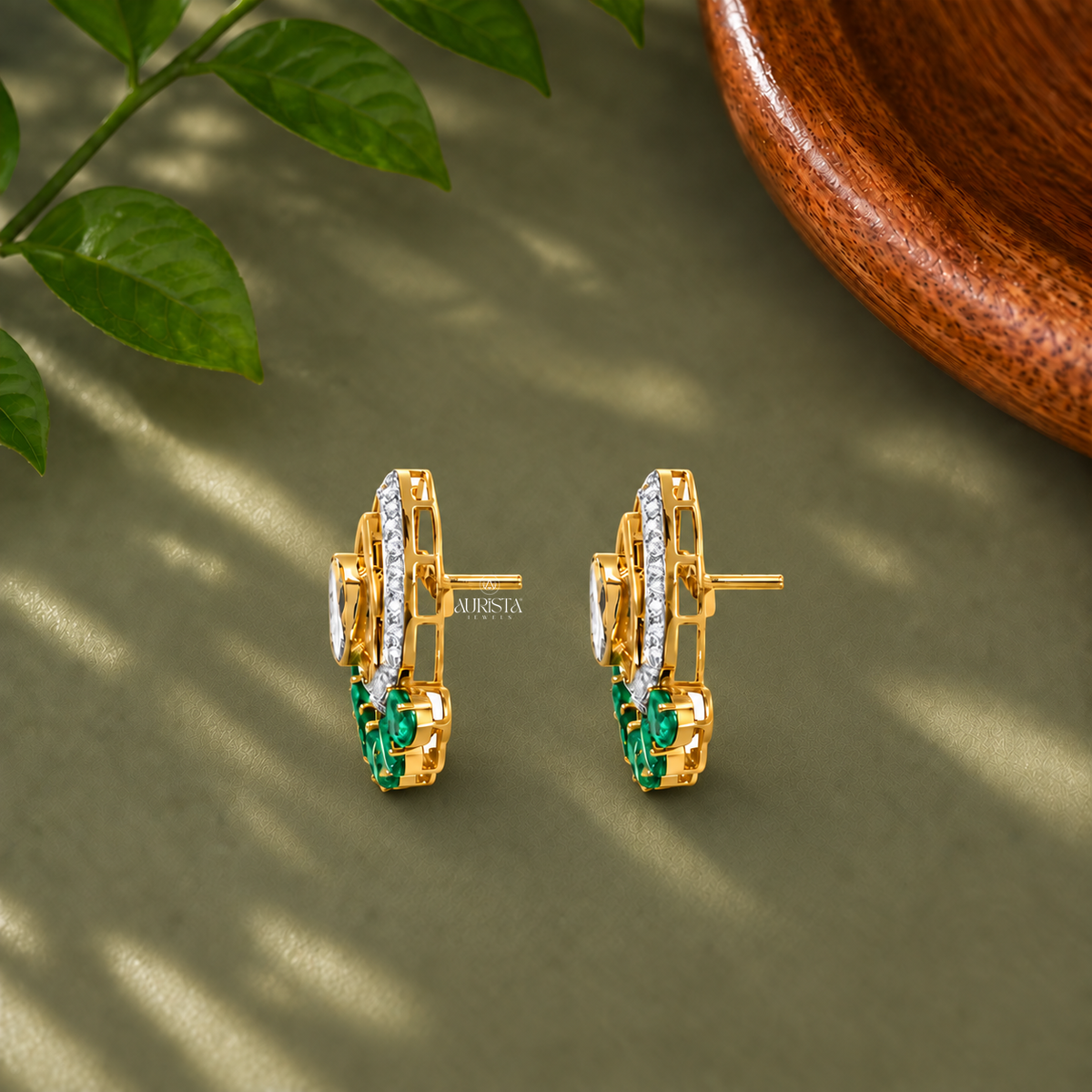 Traditional Polki & Green Gemstone Cluster Earrings Lab Grown in Diamond Designer Studs