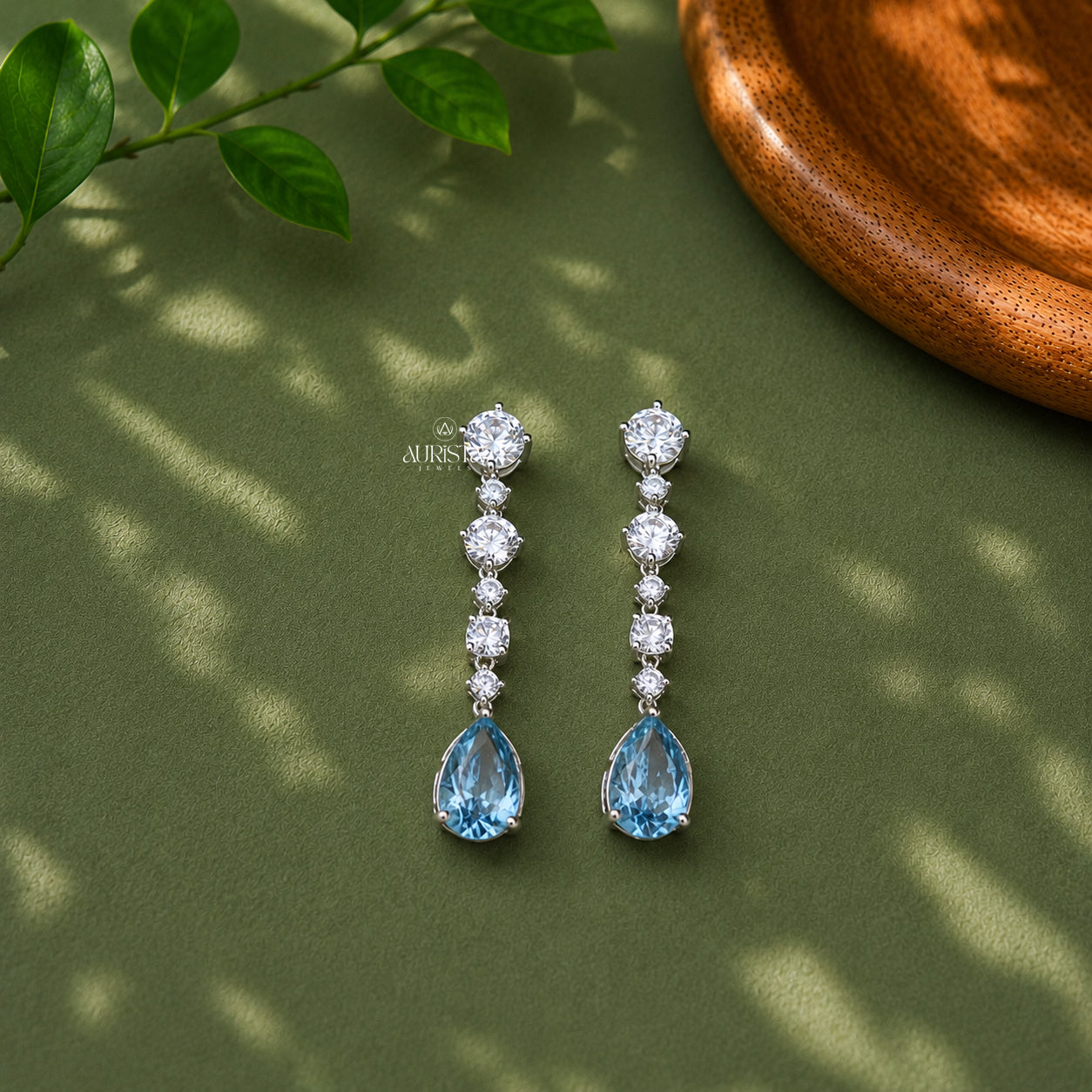 Blue Pear Drop Earrings Dainty Round Moissanite  Cluster Dangle Bridal Jewelry