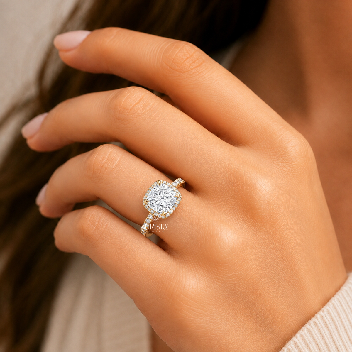 Cushion Cut Lab Grown Diamond Hidden Halo Ring, Delicate Pave Wedding Band