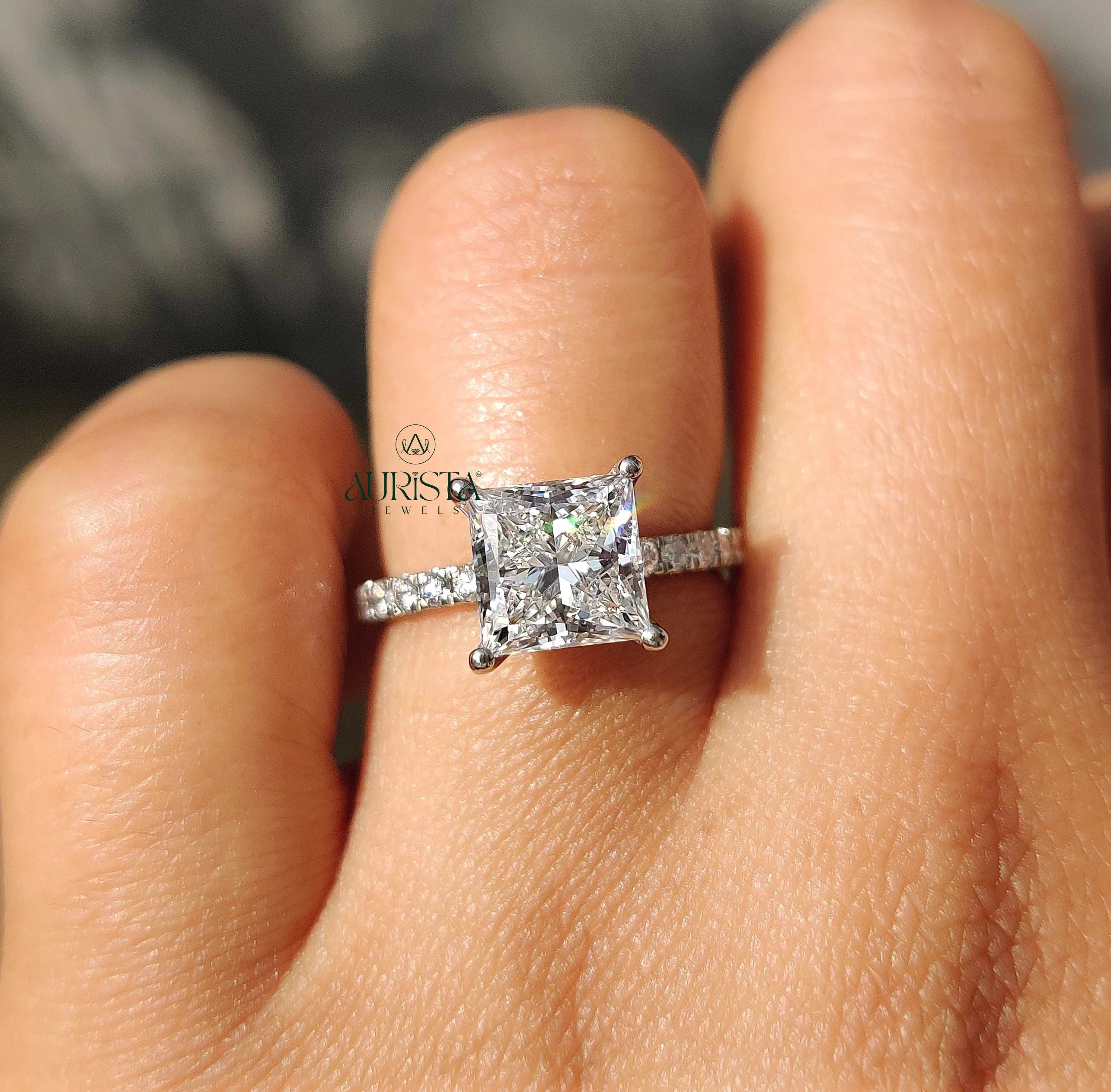 Princess-Cut Square Brilliant Ring with Classic Pave Band