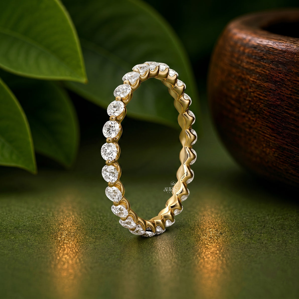 Round Lab Grown Diamond Full Eternity Ring, Yellow Gold Round Cut Shared Prong Band