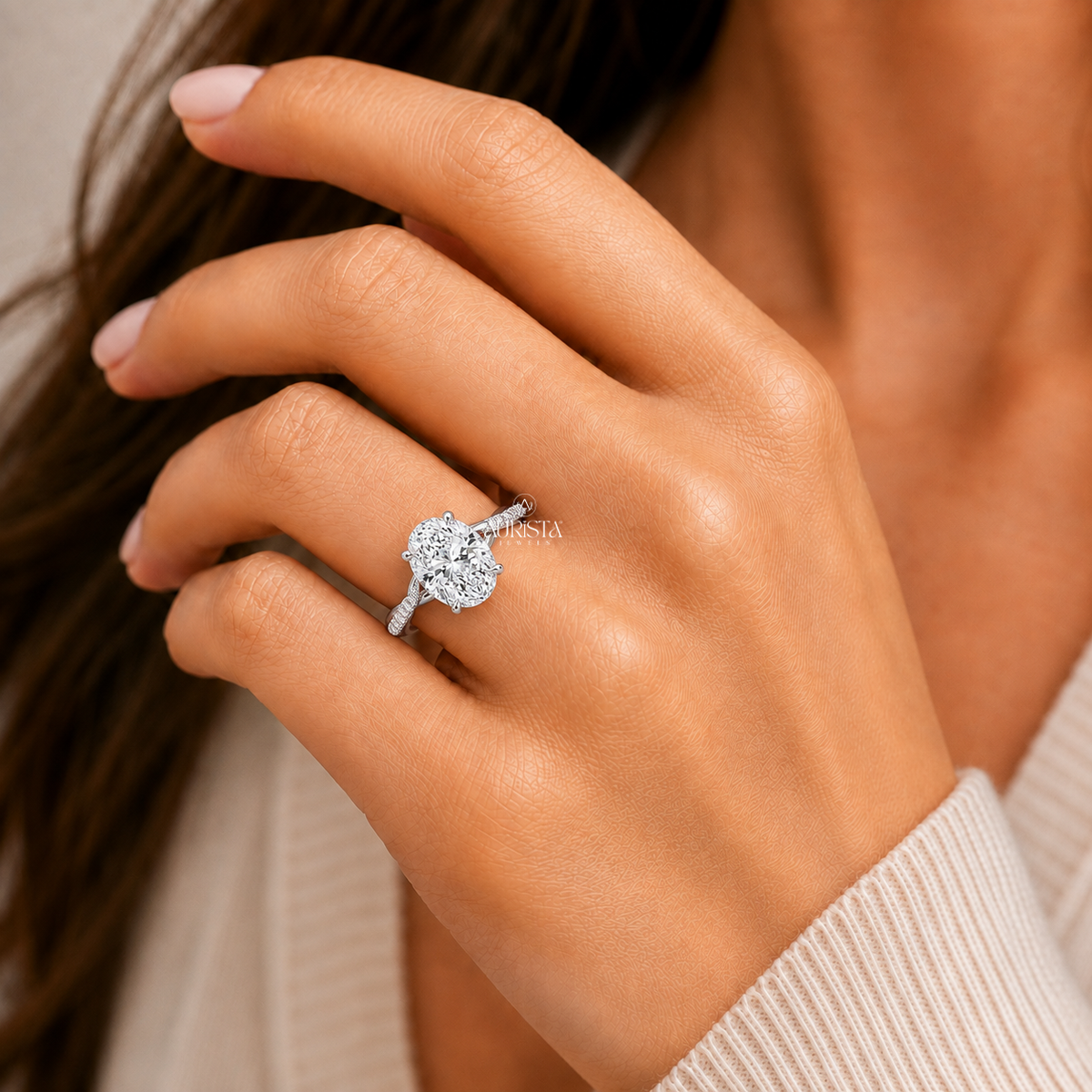 Oval Lab Grown Diamond Ring, Unique Twisted Pavé Band Minimalist Jewelry