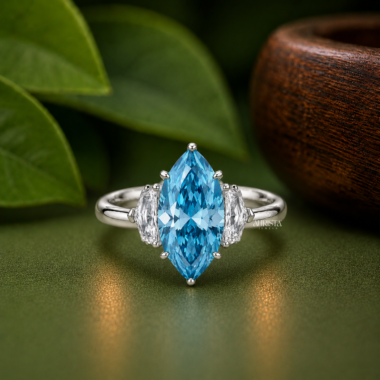 Lab Grown in Diamond Blue Marquise Engagement Ring Three Stone Statement Ring