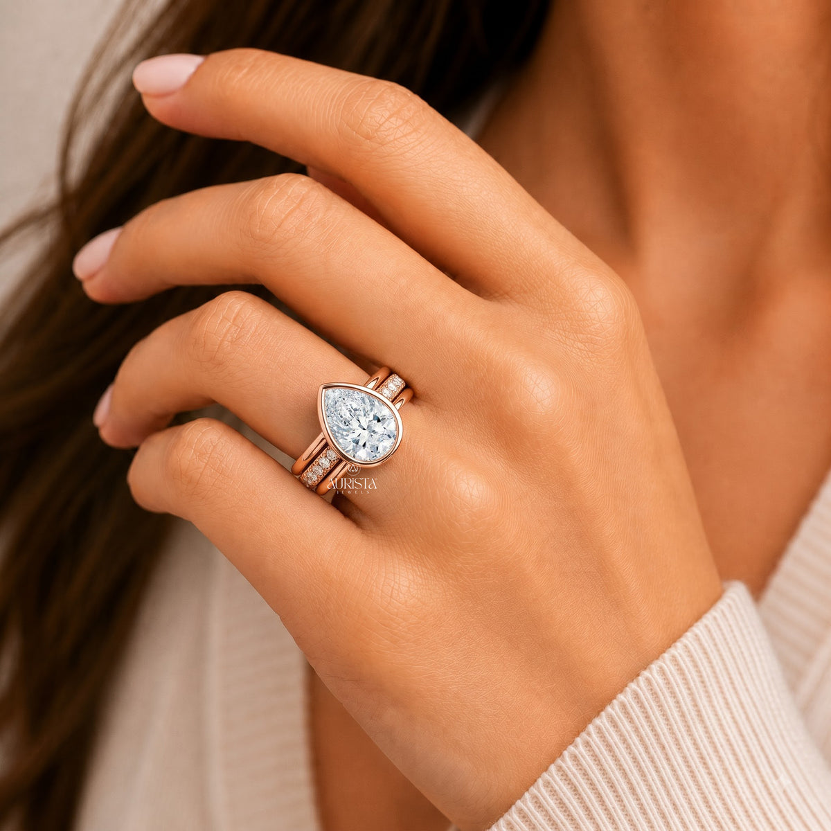 Pear Lab Grown Diamond Ring, Bezel Set Rose Gold With Pave Round Side Stones