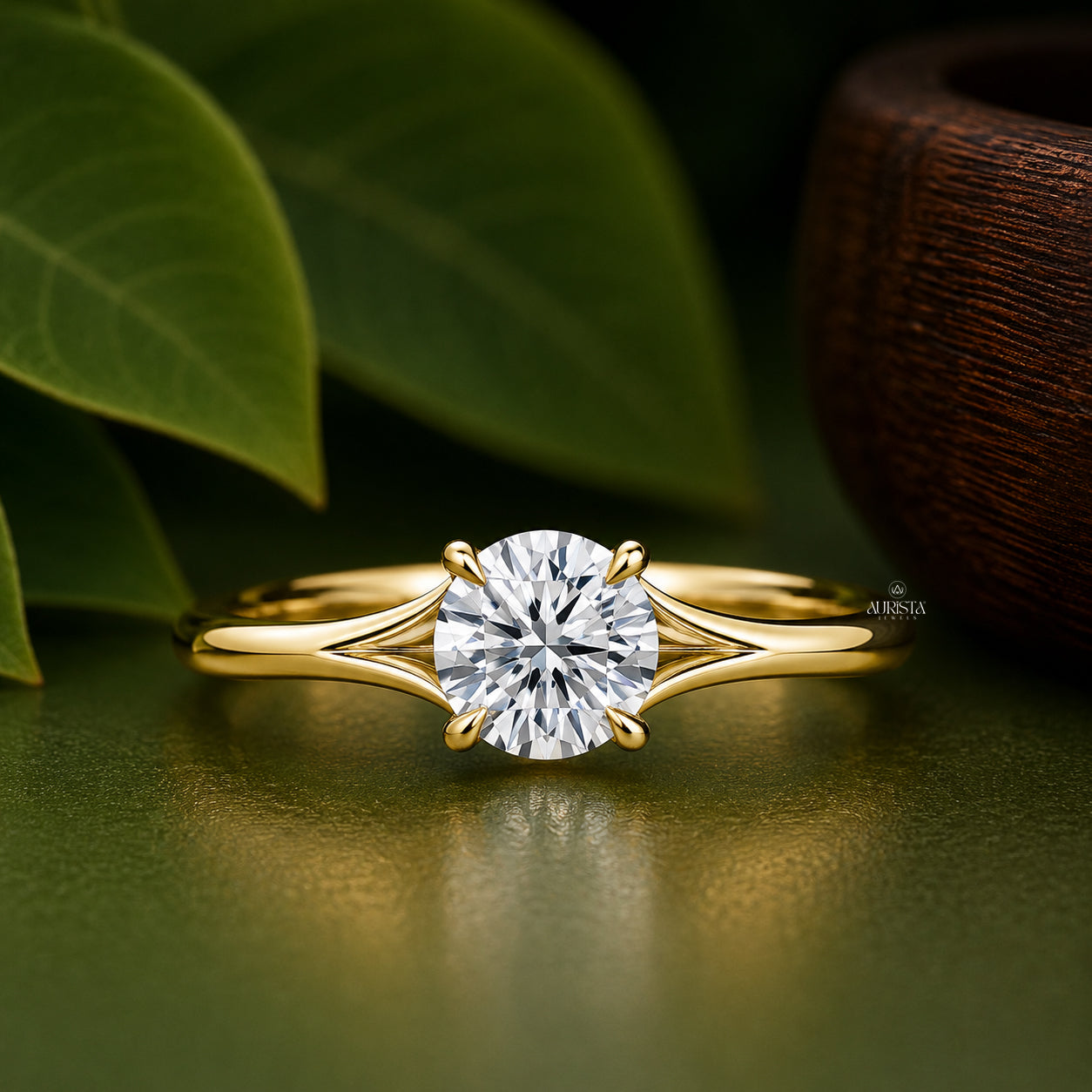 1 CT Round Lab Grown Diamond Engagement Ring & Gold Contour Bridal Set