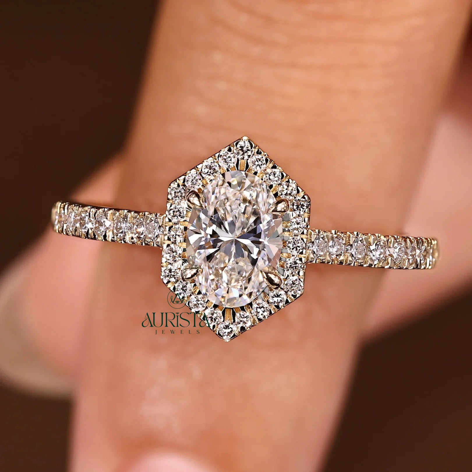 The Geometric Muse: Oval Cut Diamond in a Hexagon Halo with Lustre Pave Band
