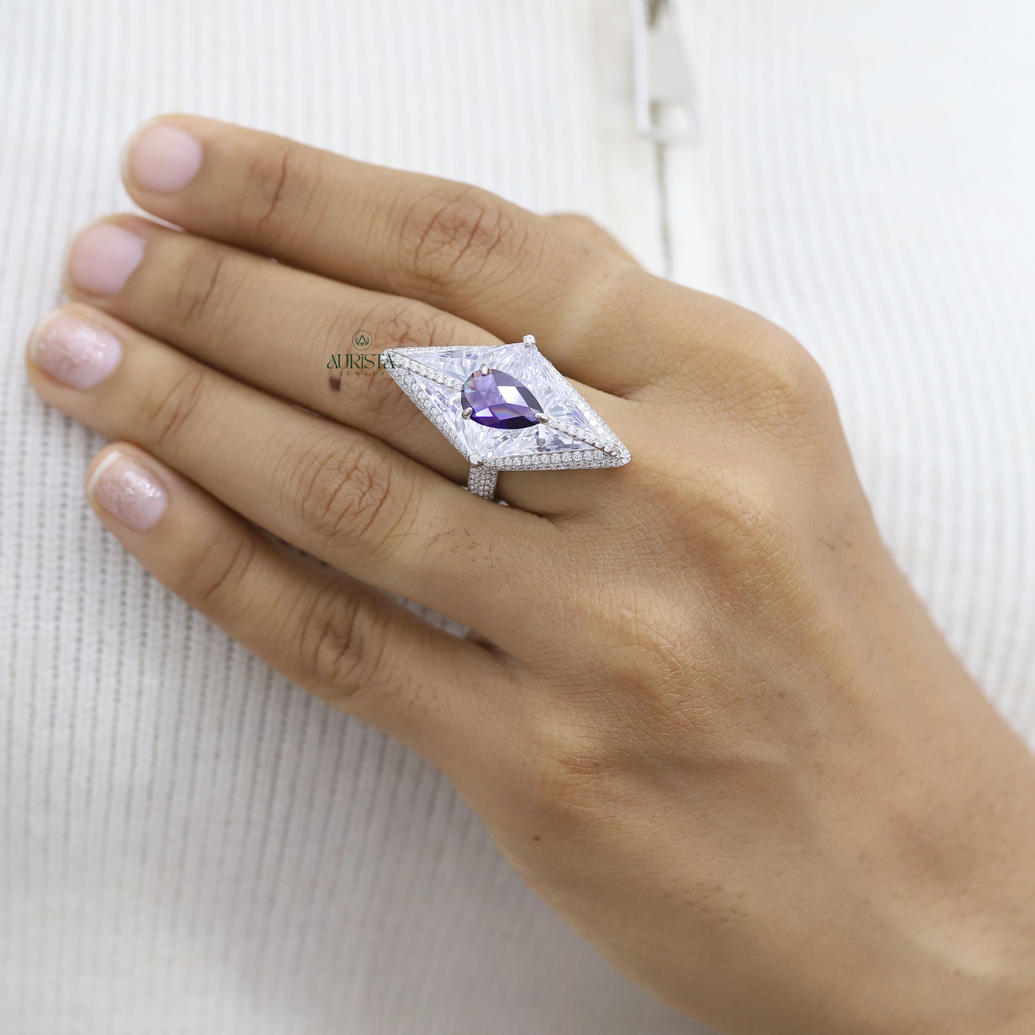 Unique Pear Cut Purple Gem, Kite  Moissanite  Diamond Statement Cocktail Ring White Gold