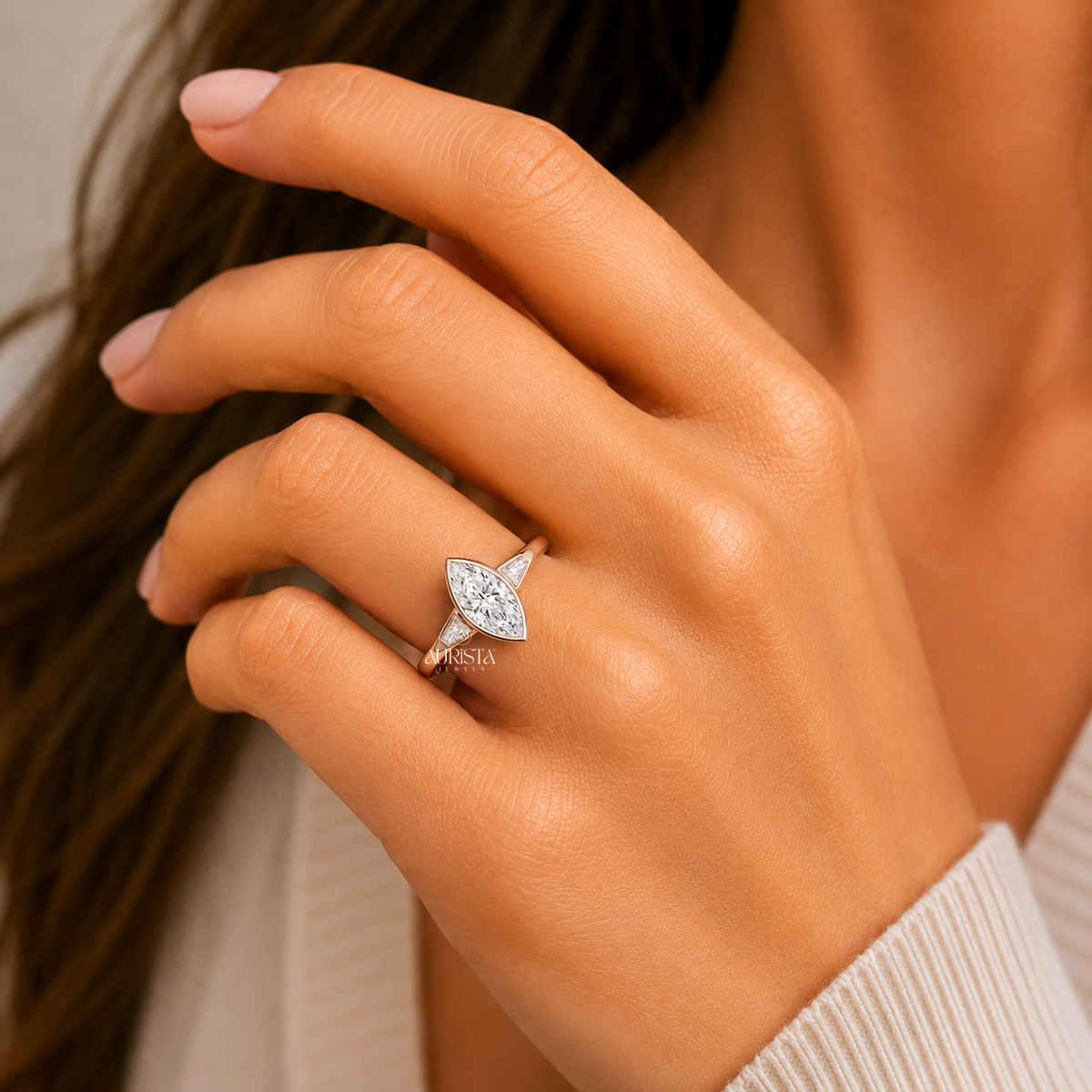 Marquise Lab Grown Diamond Ring, Bezel Set Rose Gold With Tapered Baguette Side Stones