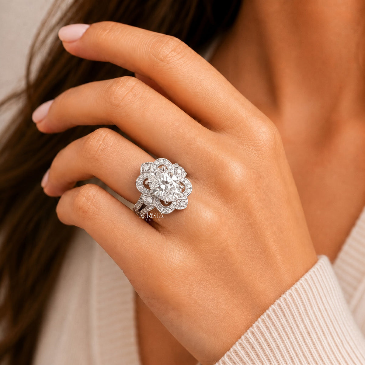Oval Moissanite Diamond Ring Set, Vintage Floral Halo In White Gold Round Side Stones