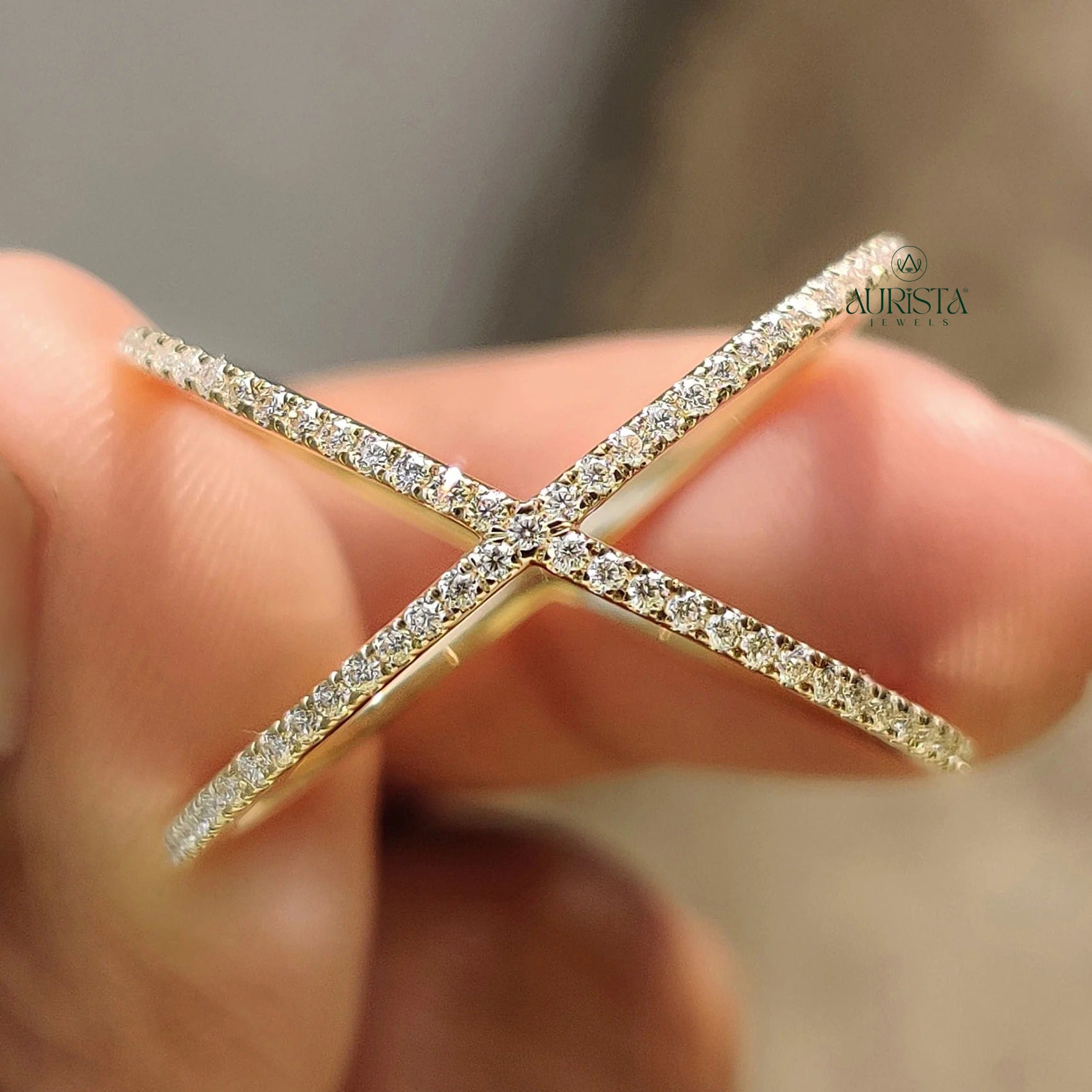 Moissanite Diamond Criss cross Band Modern Minimalist Stackable Gold Fashion Ring