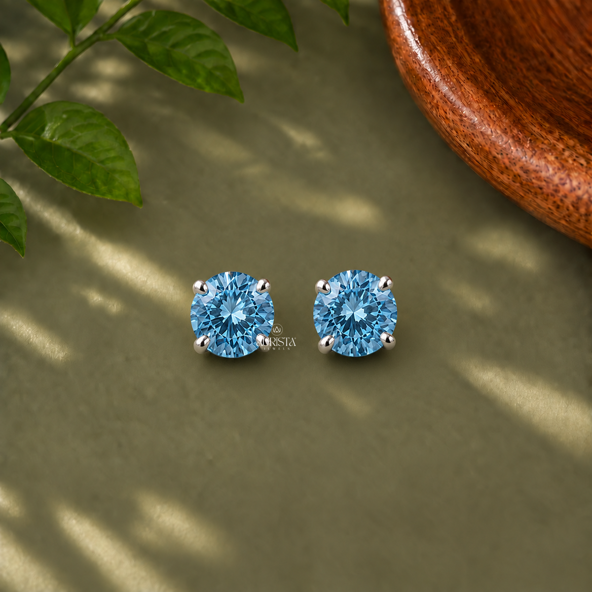 Blue Round Solitaire Stud Earrings Lab Grown in Diamond Minimalist Daily Jewelry