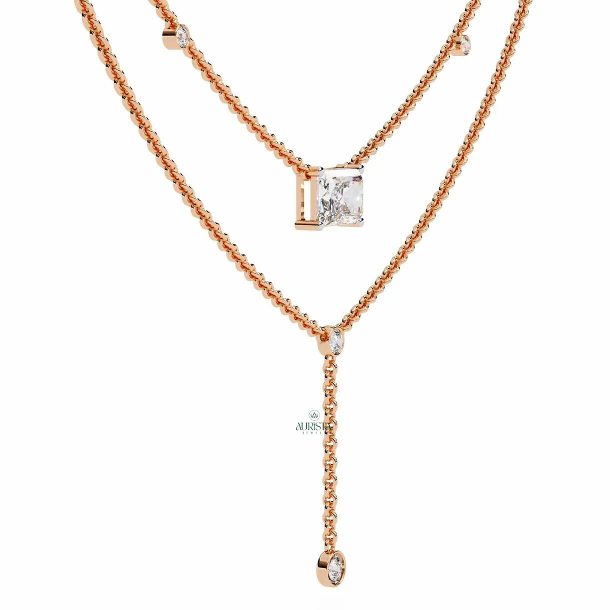 Gold Lab Grown Diamond Lariat Y Necklace Minimalist Layered Drop Dainty Chain Jewelry