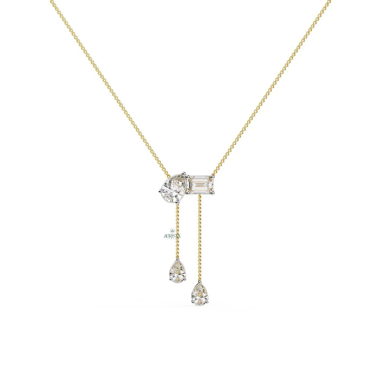 Mixed Cut Lab Grown Diamond Lariat Necklace Pear and Emerald Cut Dangle Necklace