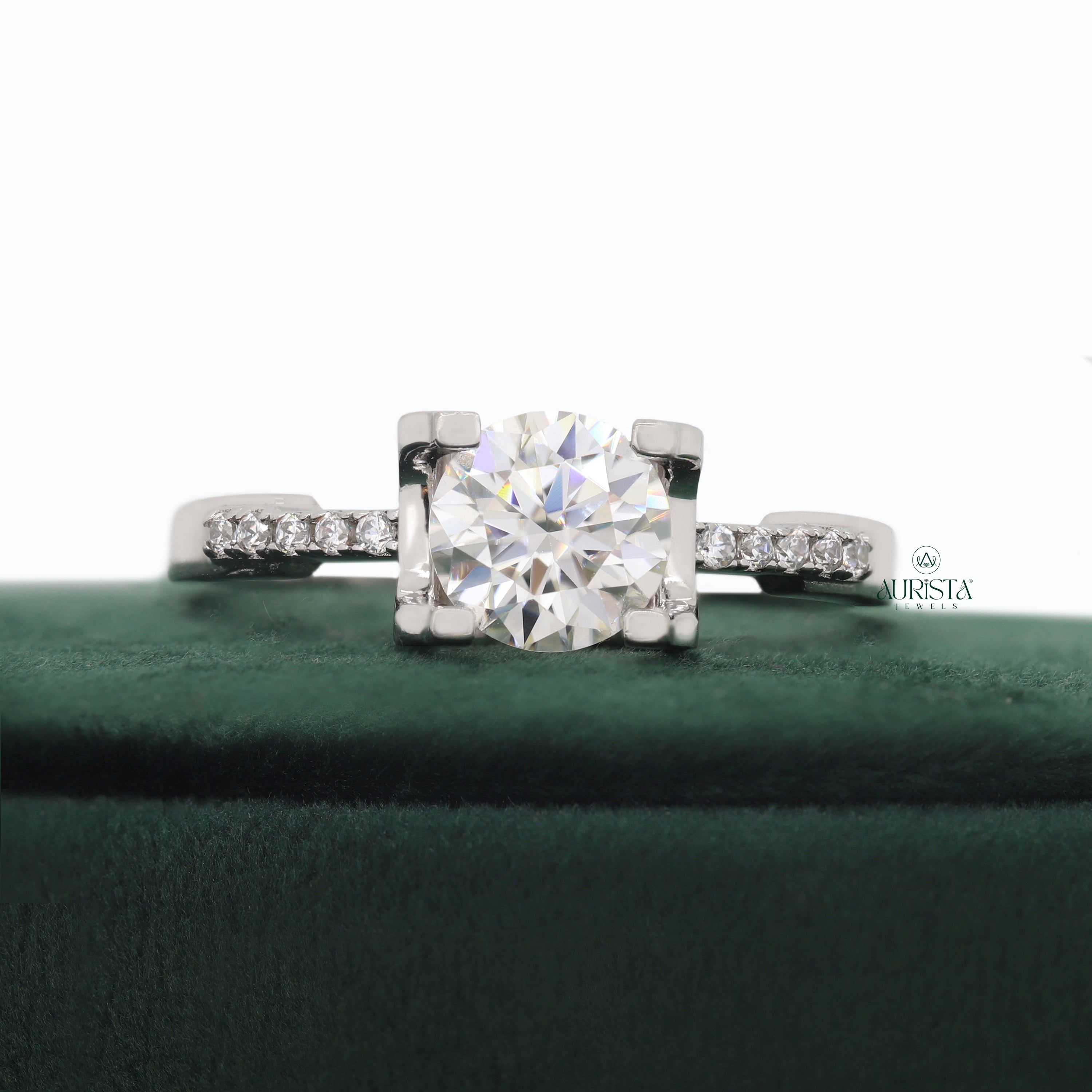 Round Cut Lab Grown Diamond Engagement Ring, Solitaire Ring With Pavé Band