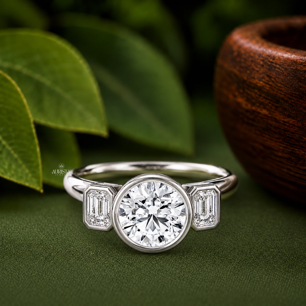 Round & Emerald Lab Grown Diamond Bezel Ring, Three Stone Engagement Wedding Band