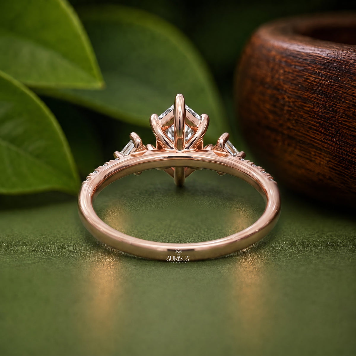 Hexagon Moissanite Diamond Ring, Rose Gold Three Stone Ring With Princess Side Stones