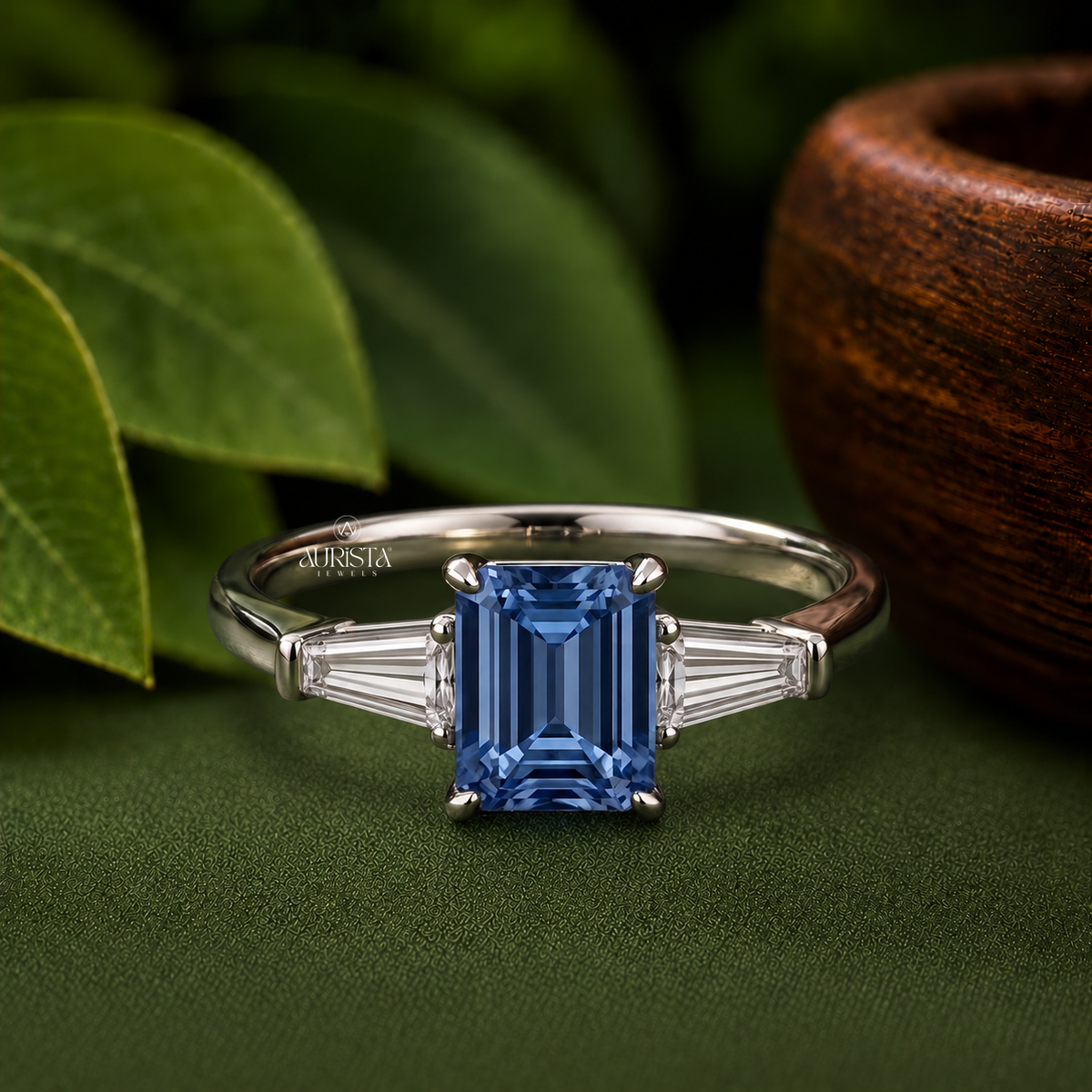 Blue Emerald Cut Lab Grown in Diamond Three Stone Ring Silver Luxury Band