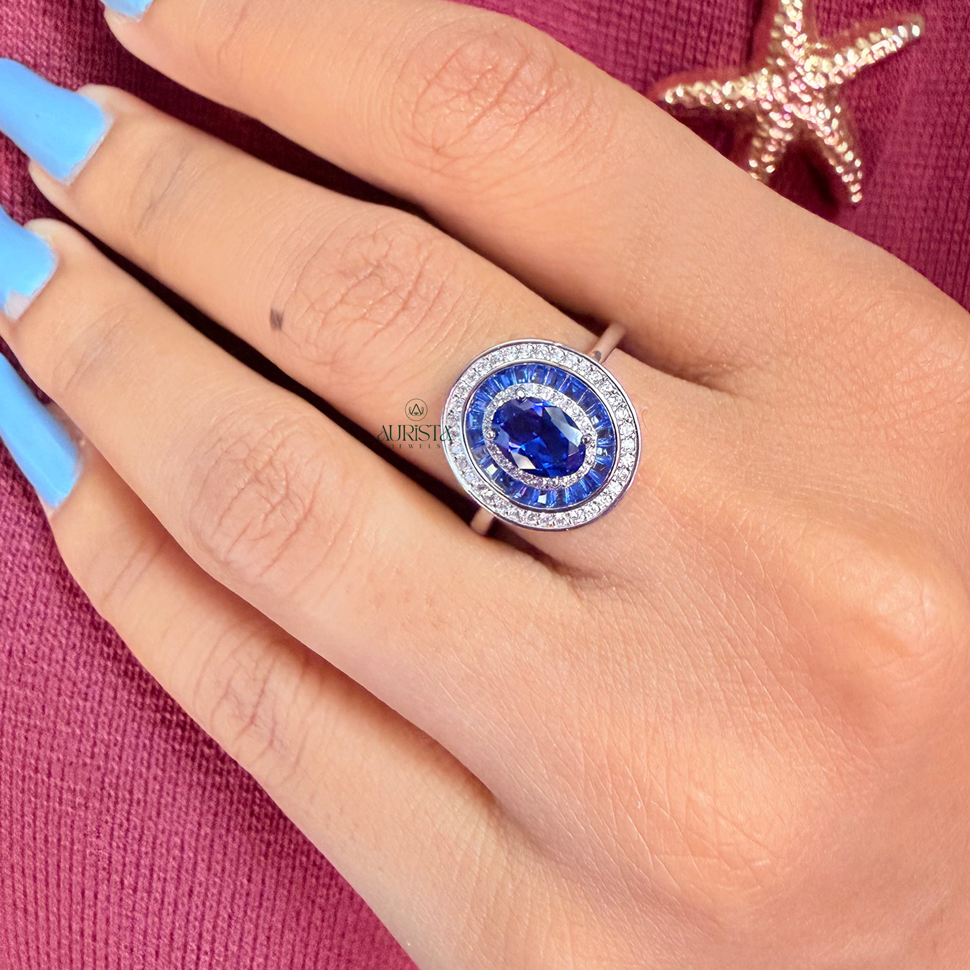 Oval Blue Moissanite Halo Ring, Sterling Silver Statement Ring, Cocktail Ring Gift