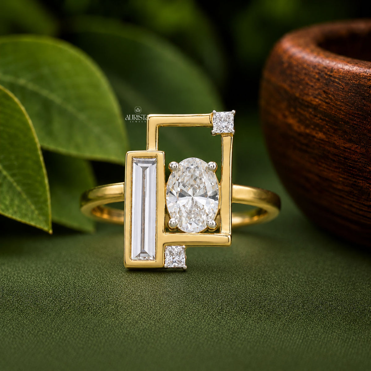 Oval Cut Lab Grown Diamond Geometric Ring, Baguette & Princess Statement Ring Band