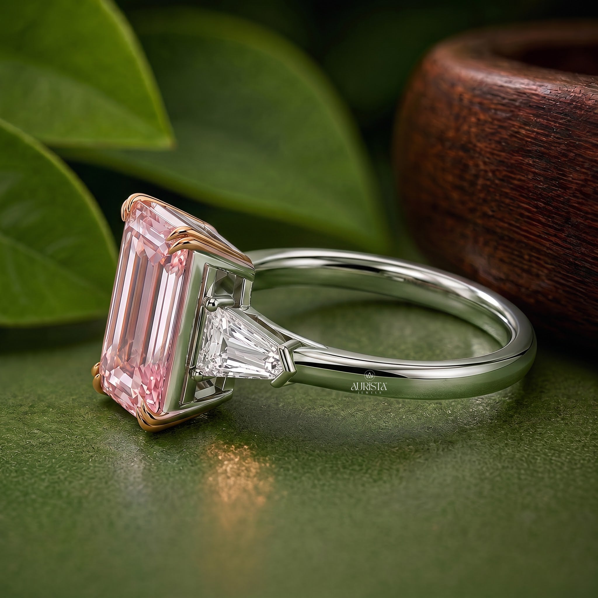 Lab Grown in Diamond Pink Emerald Cut Ring Three Stone Engagement Ring Statement