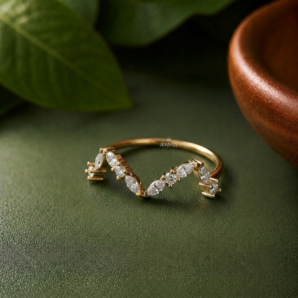 Lab Grown Diamond Gold Curved Ring V Shaped Wedding Band Contour Stacking Ring