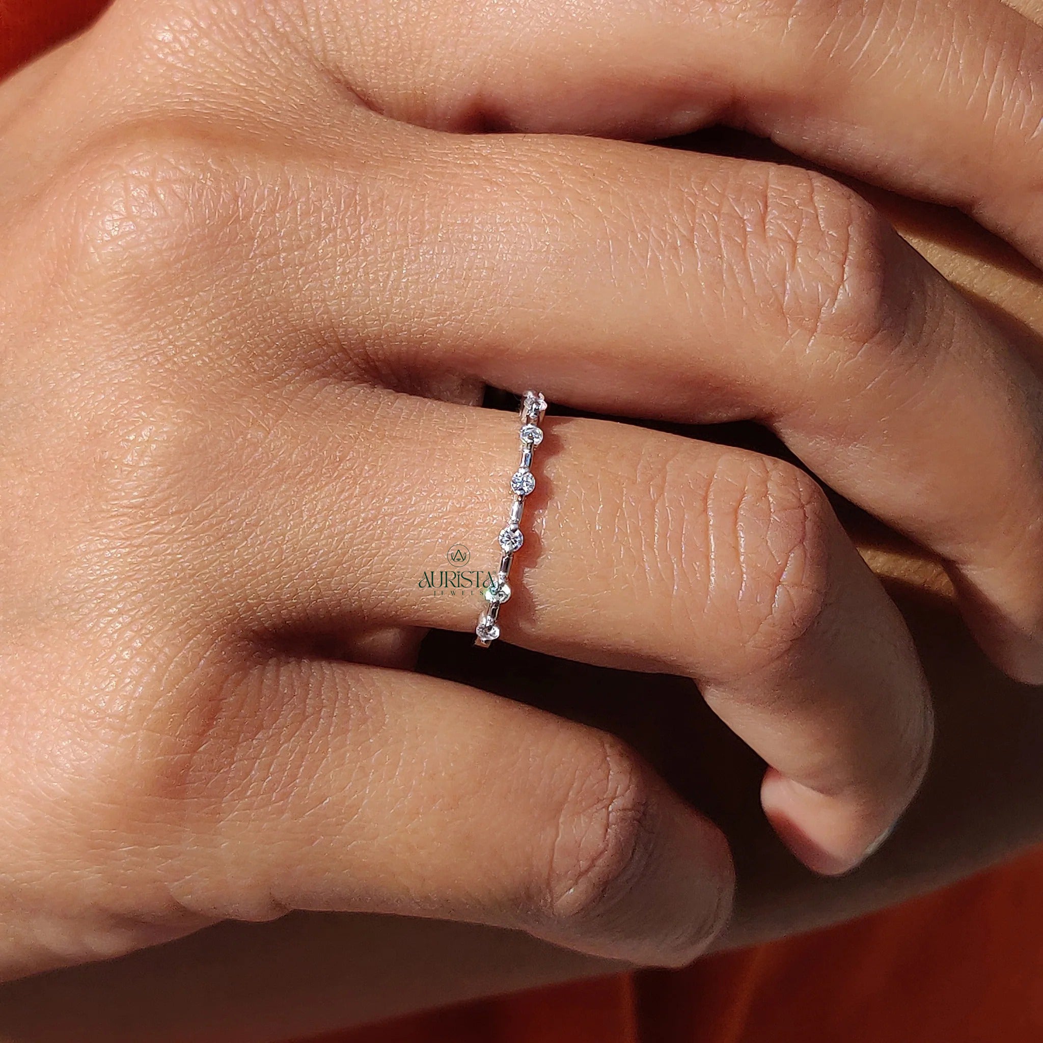 Dainty Moissanite and Diamond Station Band - Minimalist Stackable Wedding Ring