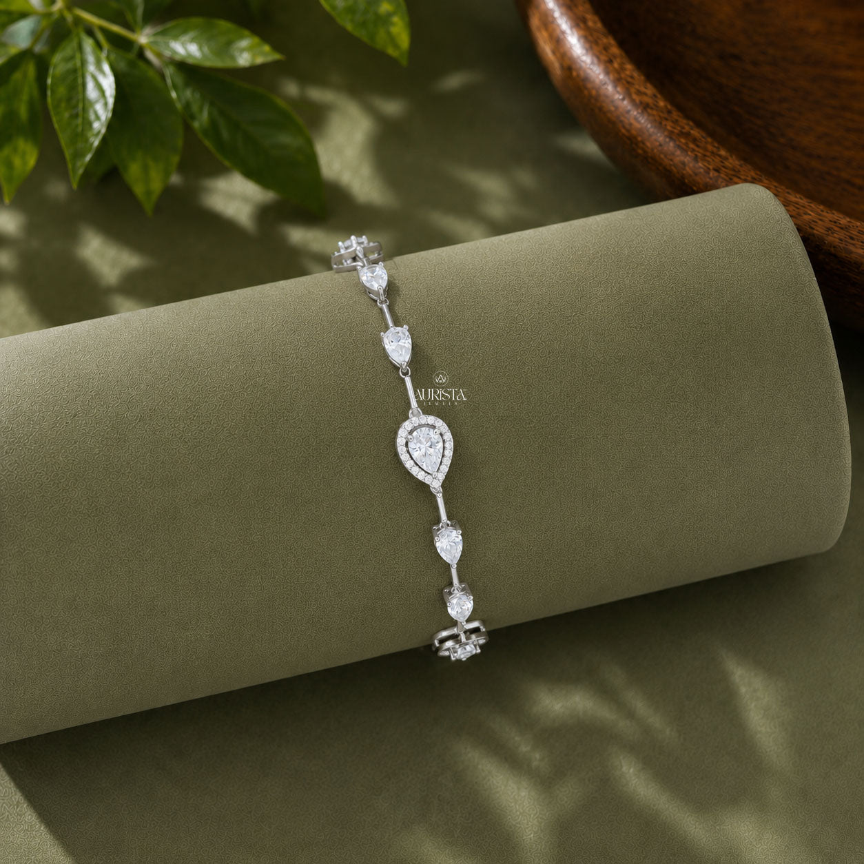 Pear Cut Moissanite Halo Station Bracelet - Silver Teardrop Link Tennis Bracelet