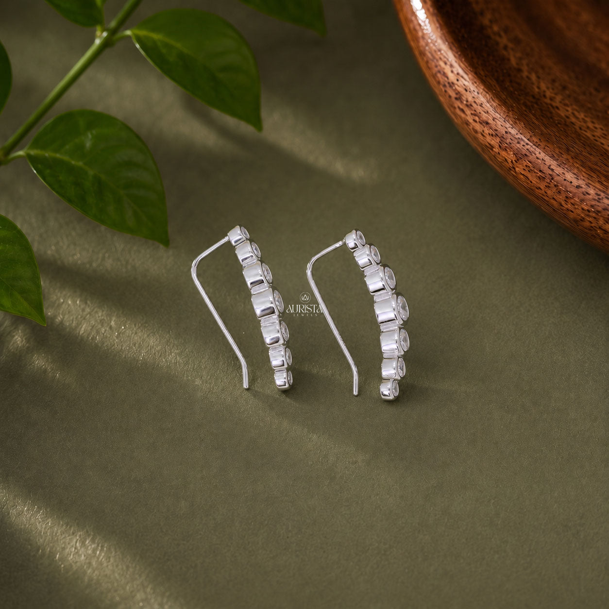 Graduated Moissanite Ear Climber Earrings - Bezel Set Curved  Crawler Earrings