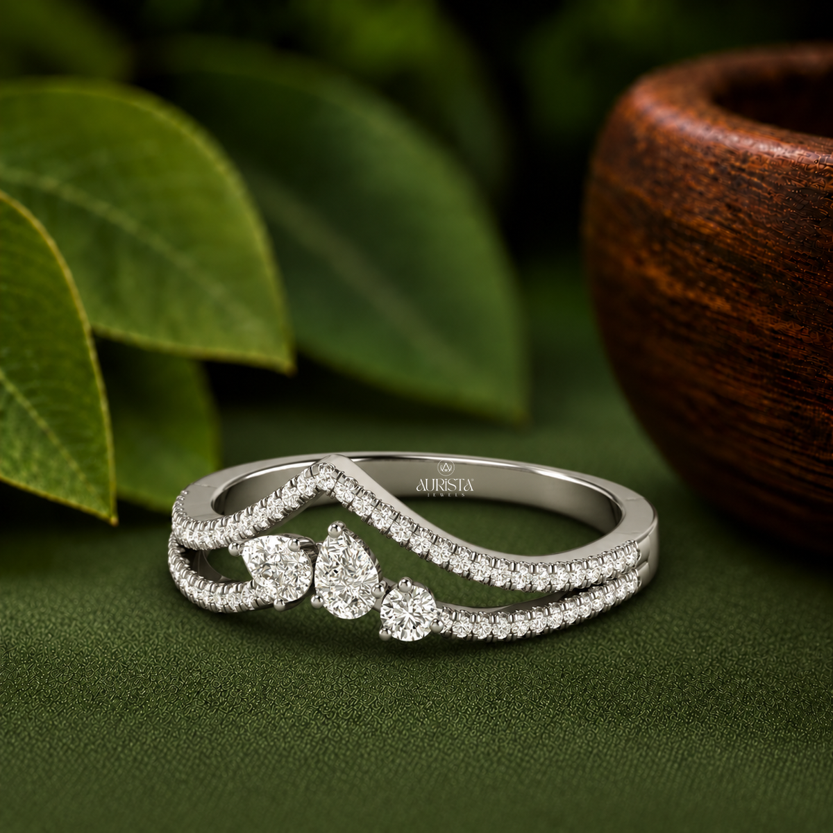 Lab Grown Diamond Asymmetrical Pear Round Cluster Curved Chevron Split Shank